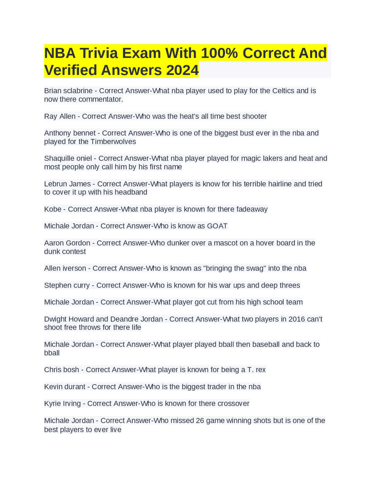 Answer Nba NBA Trivia Exam With 100% Correct And Verified Answers 2024 | Exams ...