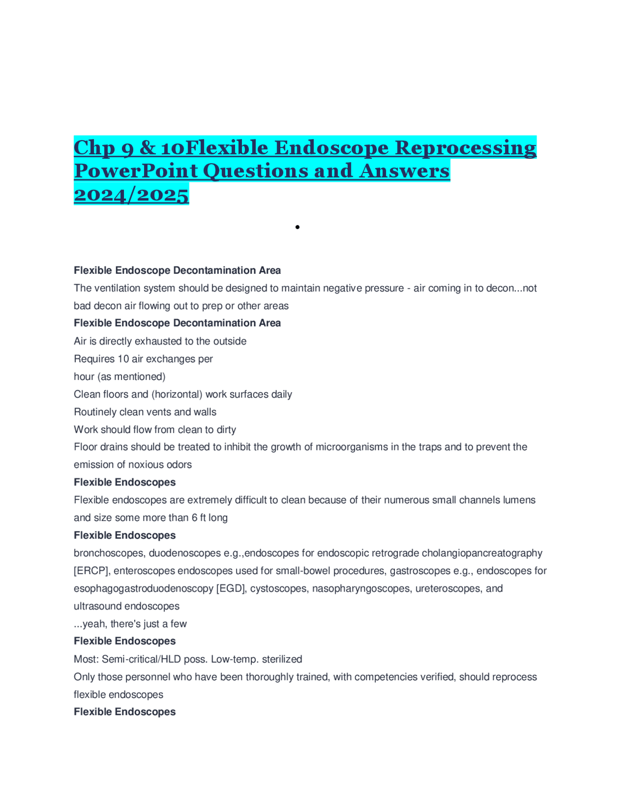 Chp 9 & 10Flexible Endoscope Reprocessing PowerPoint Questions and