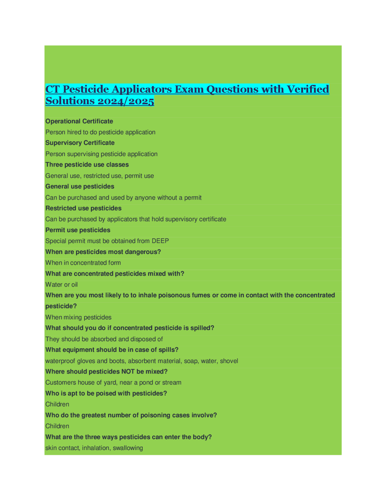 CT Pesticide Applicators Exam Questions with Verified Solutions 2024/