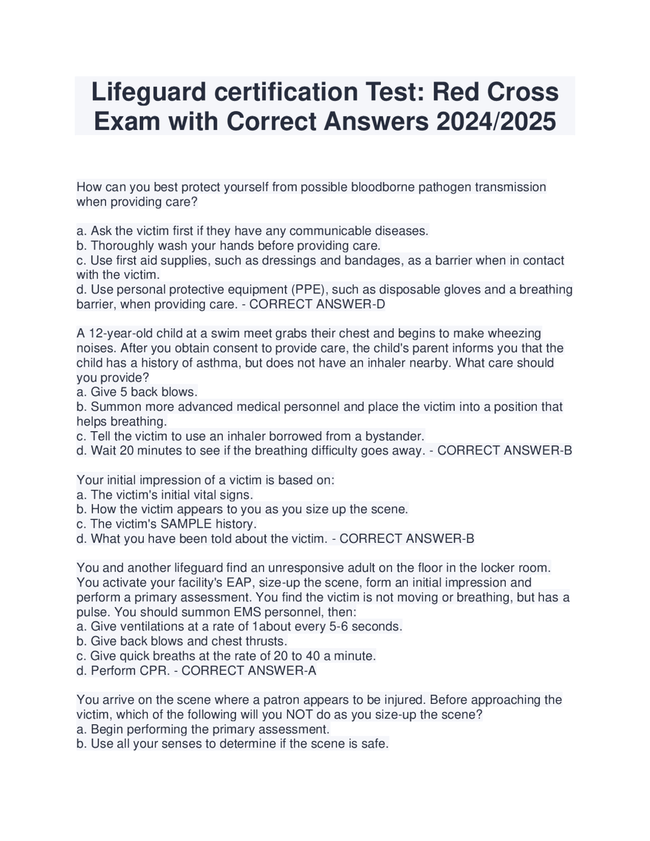 Lifeguard certification Test: Red Cross Exam with Correct Answers 2024/ Lifeguard certification Test: Red Cross Exam with Correct Answers 2024/