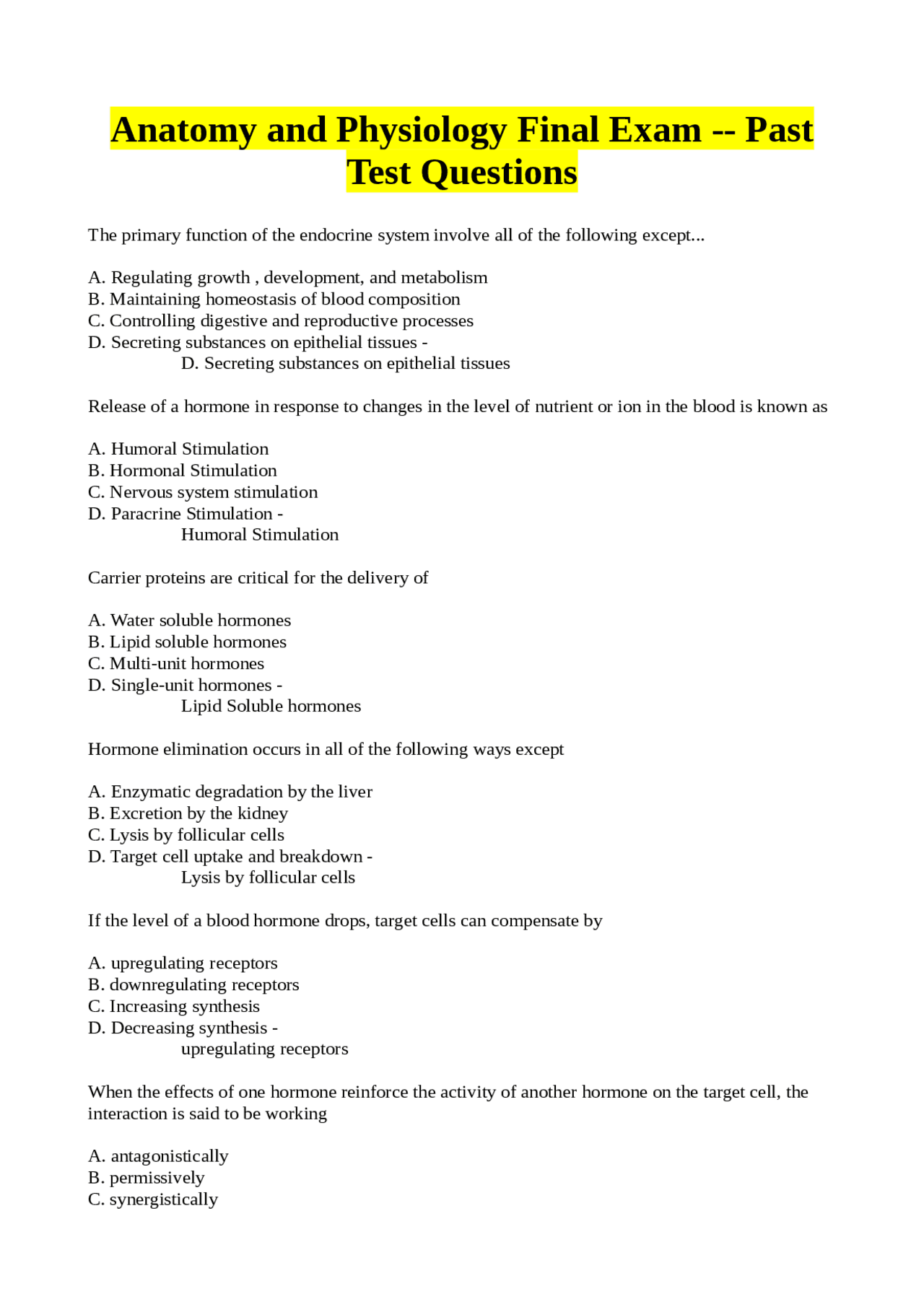 Anatomy and Physiology Final Exam - Past Test Questions | Exams Anatomy ...