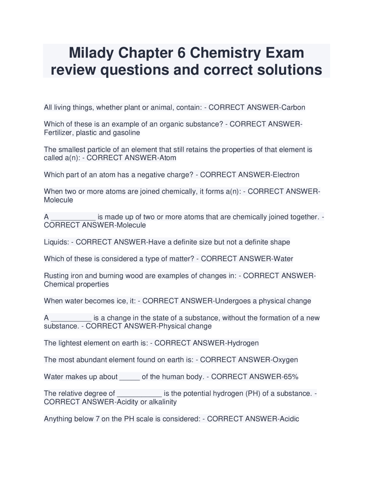 Milady Chapter 6 Chemistry Exam review questions and correct solutions ...