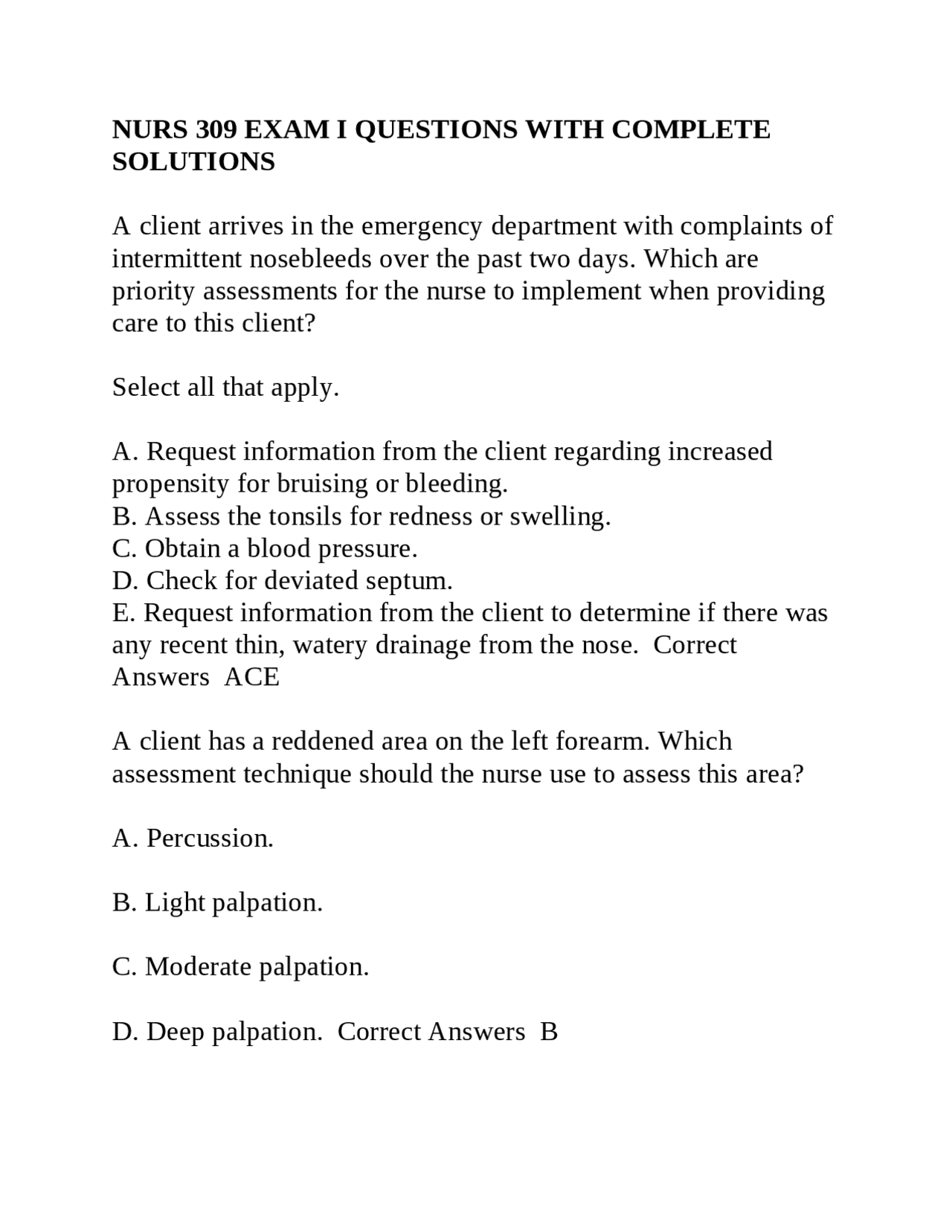NURS 309 EXAM I QUESTIONS WITH COMPLETE SOLUTIONS | Exams Nursing | Docsity