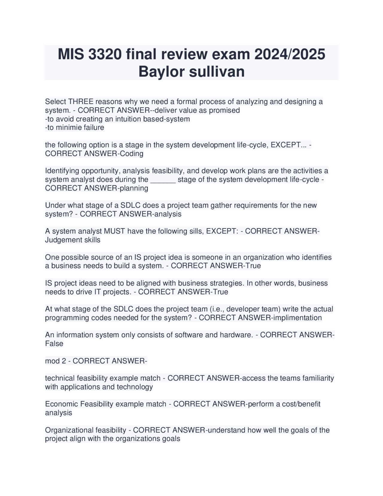 MIS 3320 final review exam 2024/2025 Baylor sullivan | Exams Nursing ...
