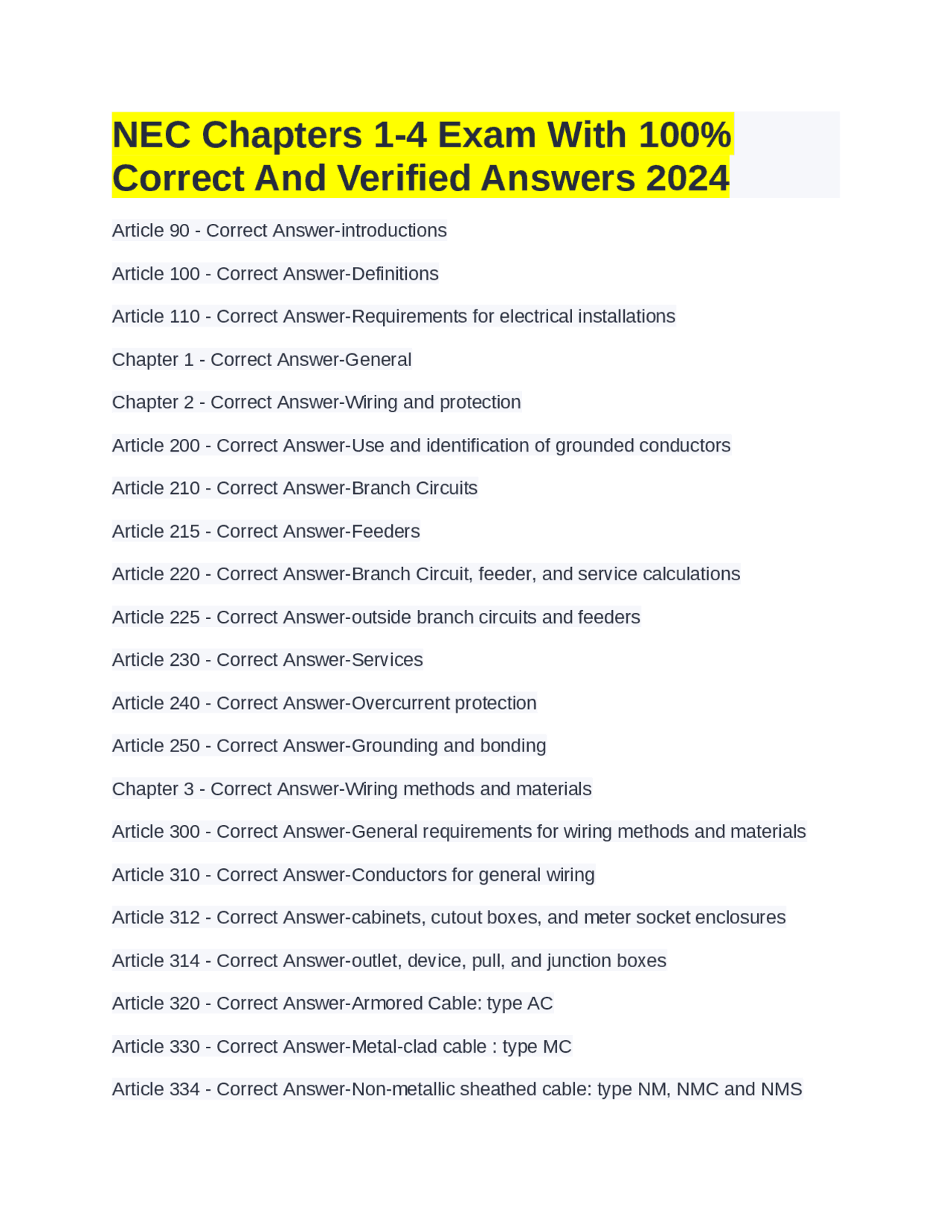 Nec Each Chapter NEC Chapters 1-4 Exam With 100% Correct And Verified Answers 2024 ...
