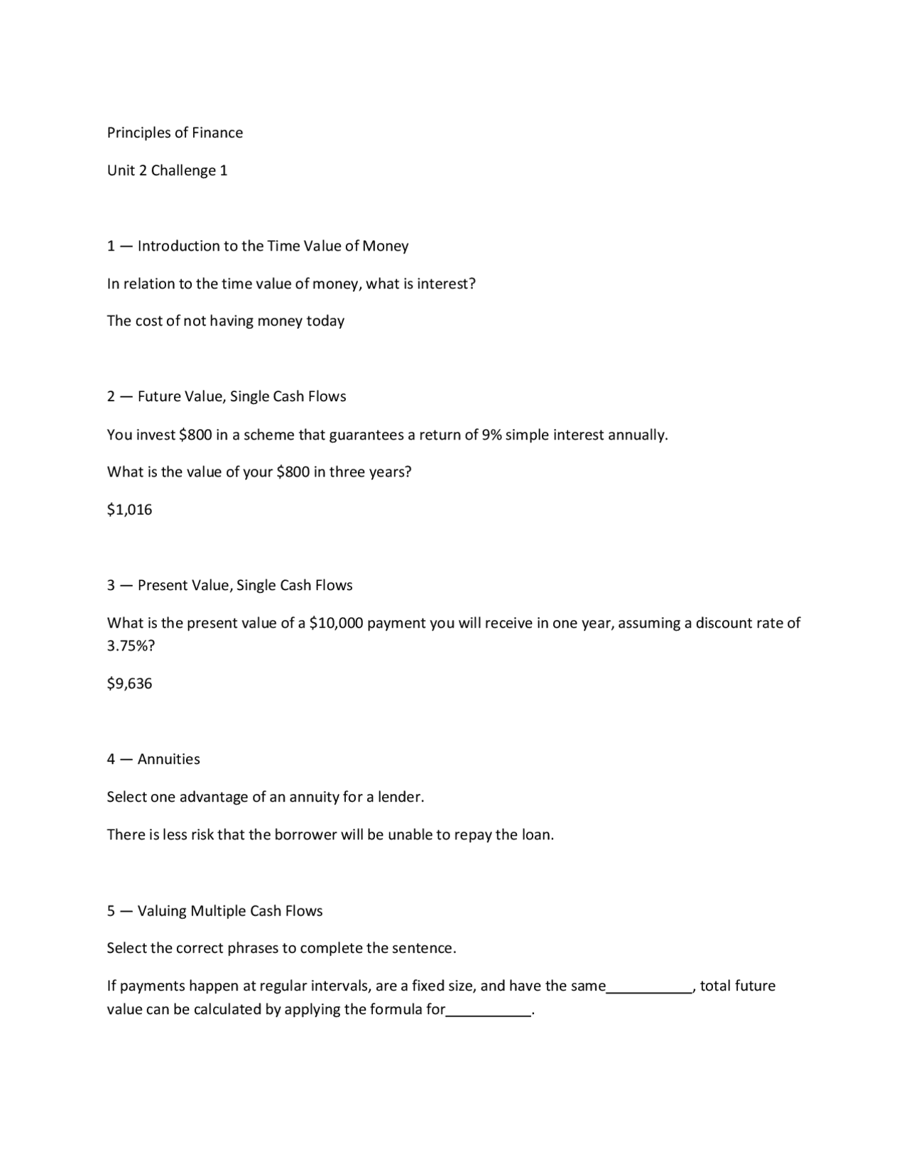 Principles of Finance Unit 2 Challenge 1 | Exams Finance | Docsity