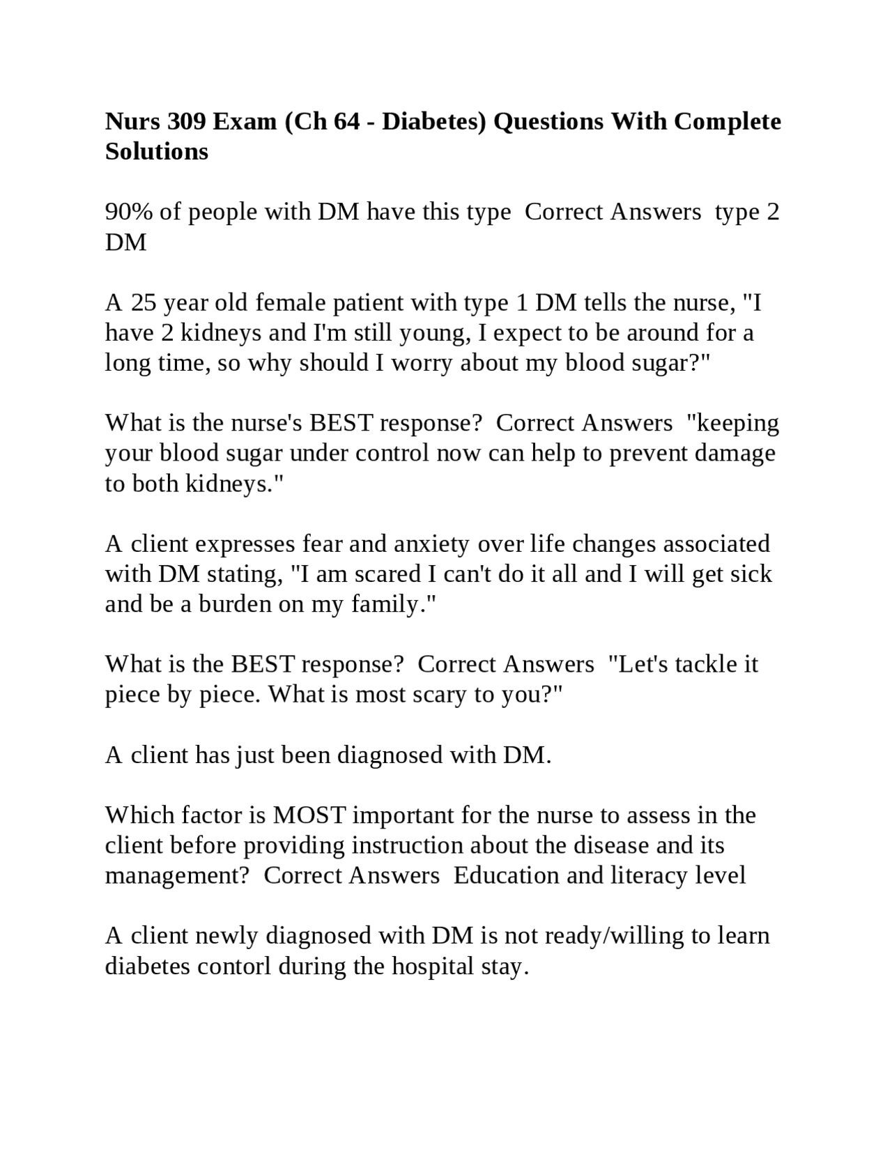 Nurs 309 Exam (Ch 64 - Diabetes) Questions With Complete Solutions ...
