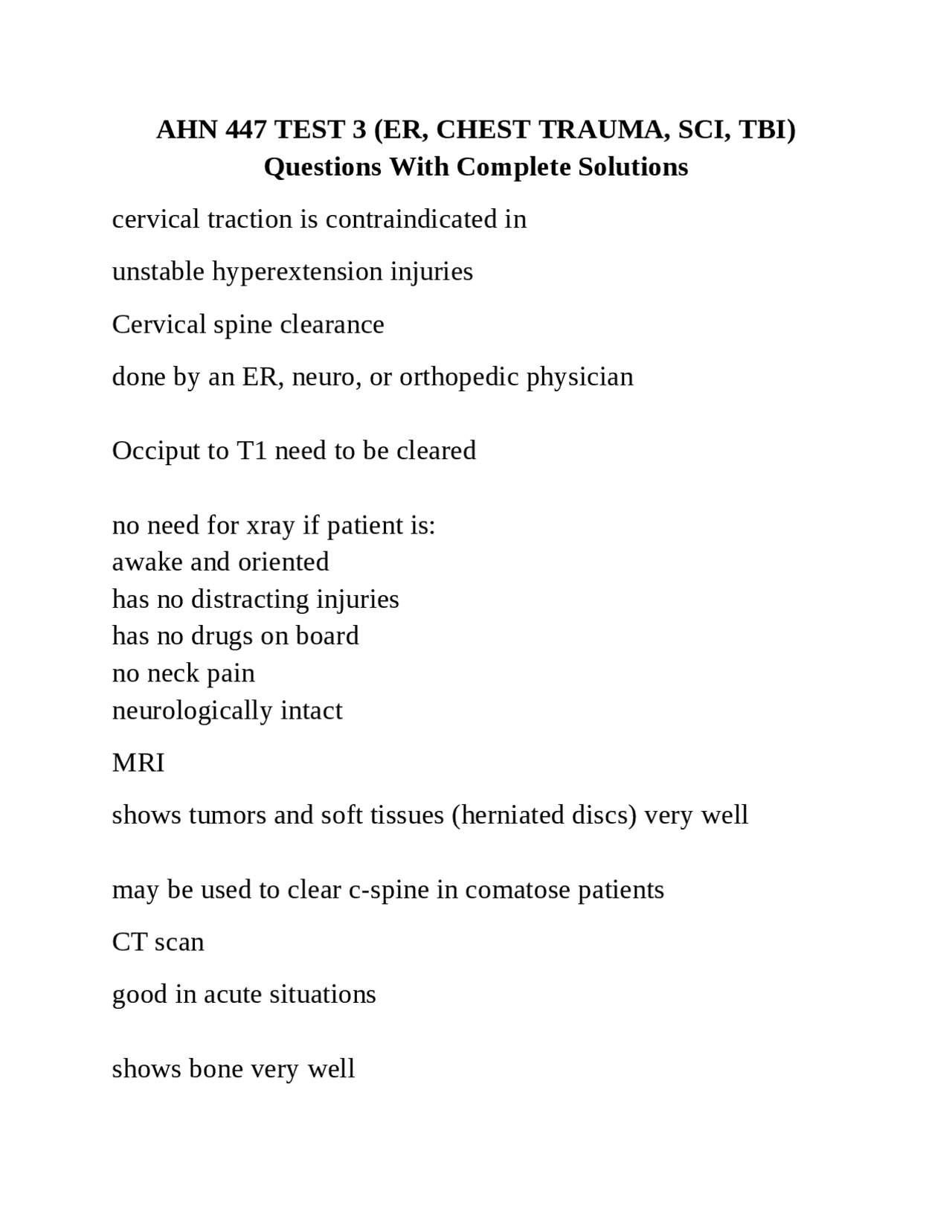 AHN 447 TEST 3 (ER, CHEST TRAUMA, SCI, TBI) Questions With Complete ...