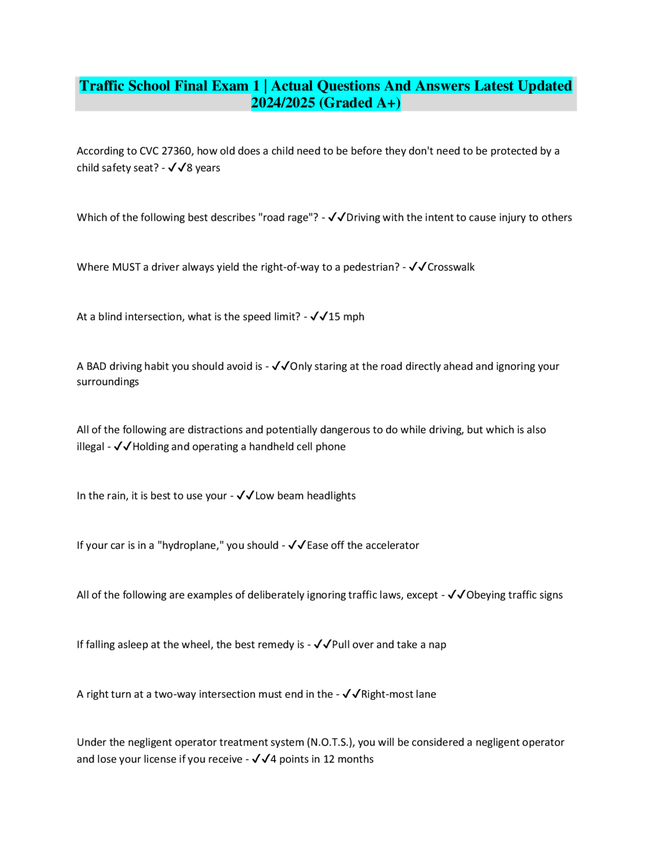 Traffic School Final Exam 1 Actual Questions And Answers Latest