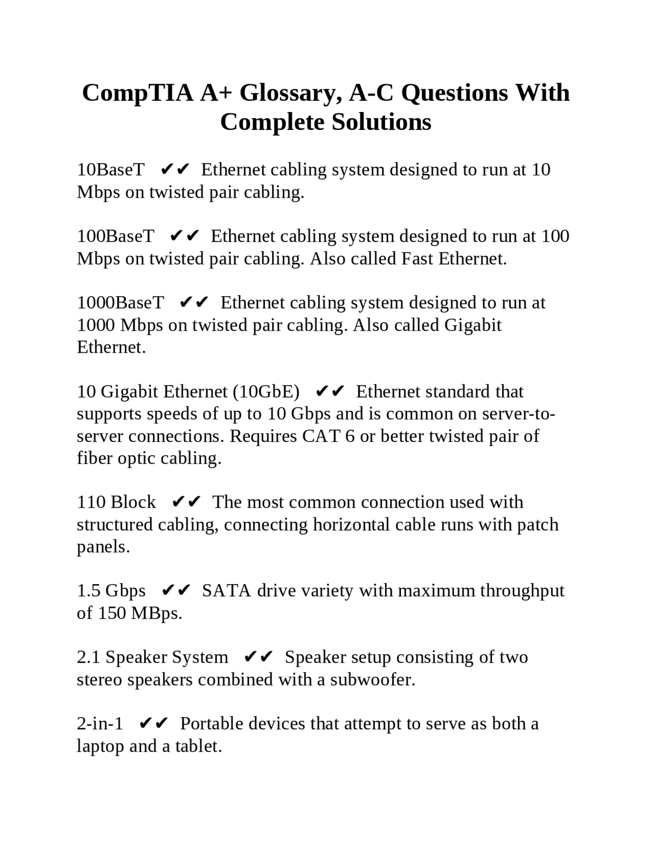 CompTIA A+ Glossary, A-C Questions With Complete Solutions | Exams ...