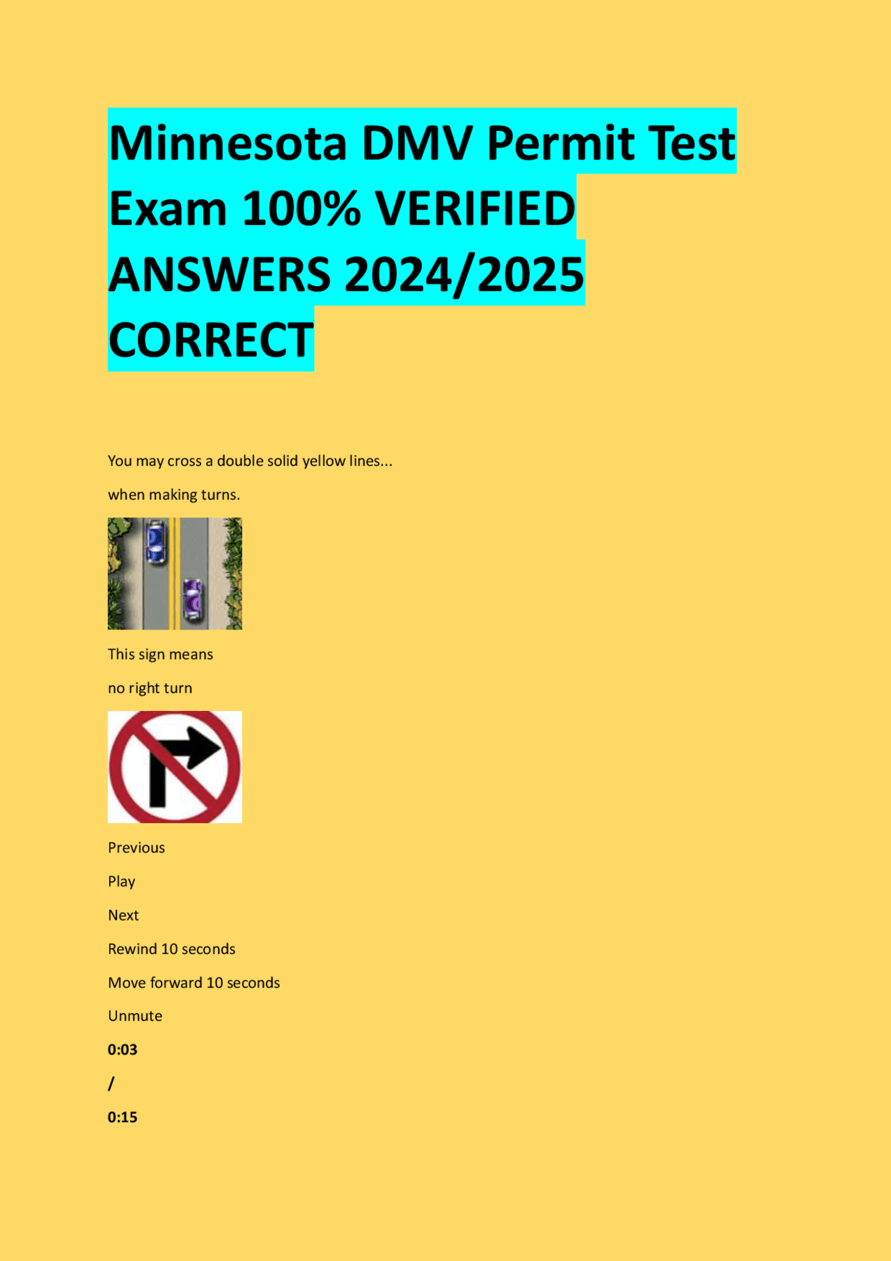 Minnesota DMV Permit Test Exam 100 VERIFIED ANSWERS 2024/2025 CORRECT