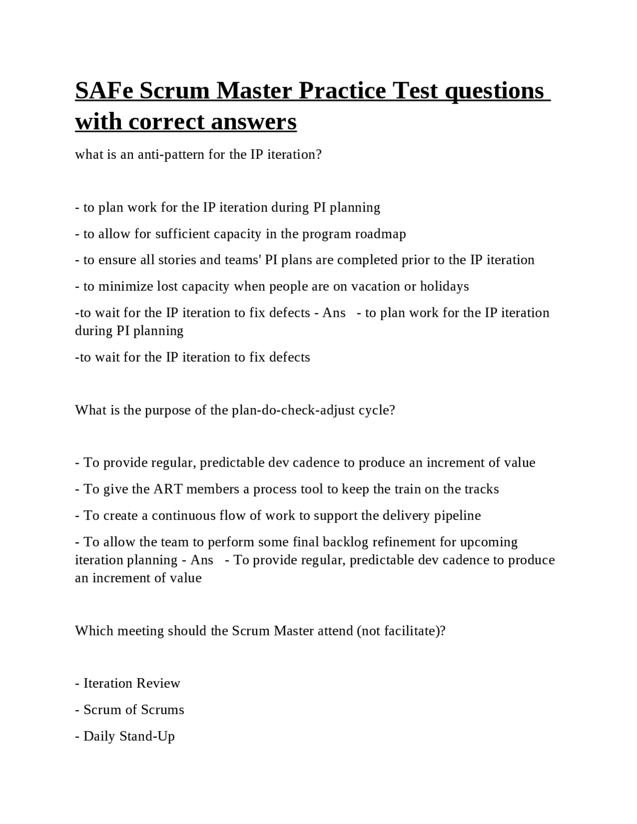 SAFe Scrum Master Practice Test questions with correct answers Exams