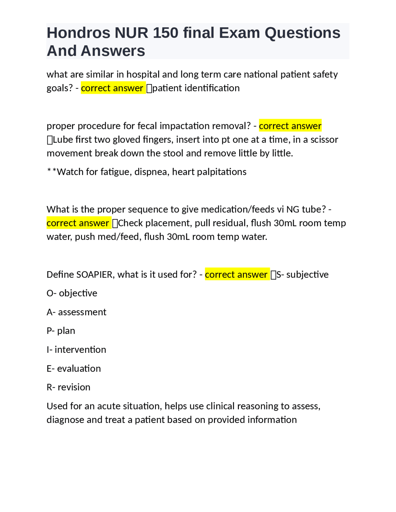 Hondros NUR 150 final Exam Questions And Answers | Exams Nursing | Docsity