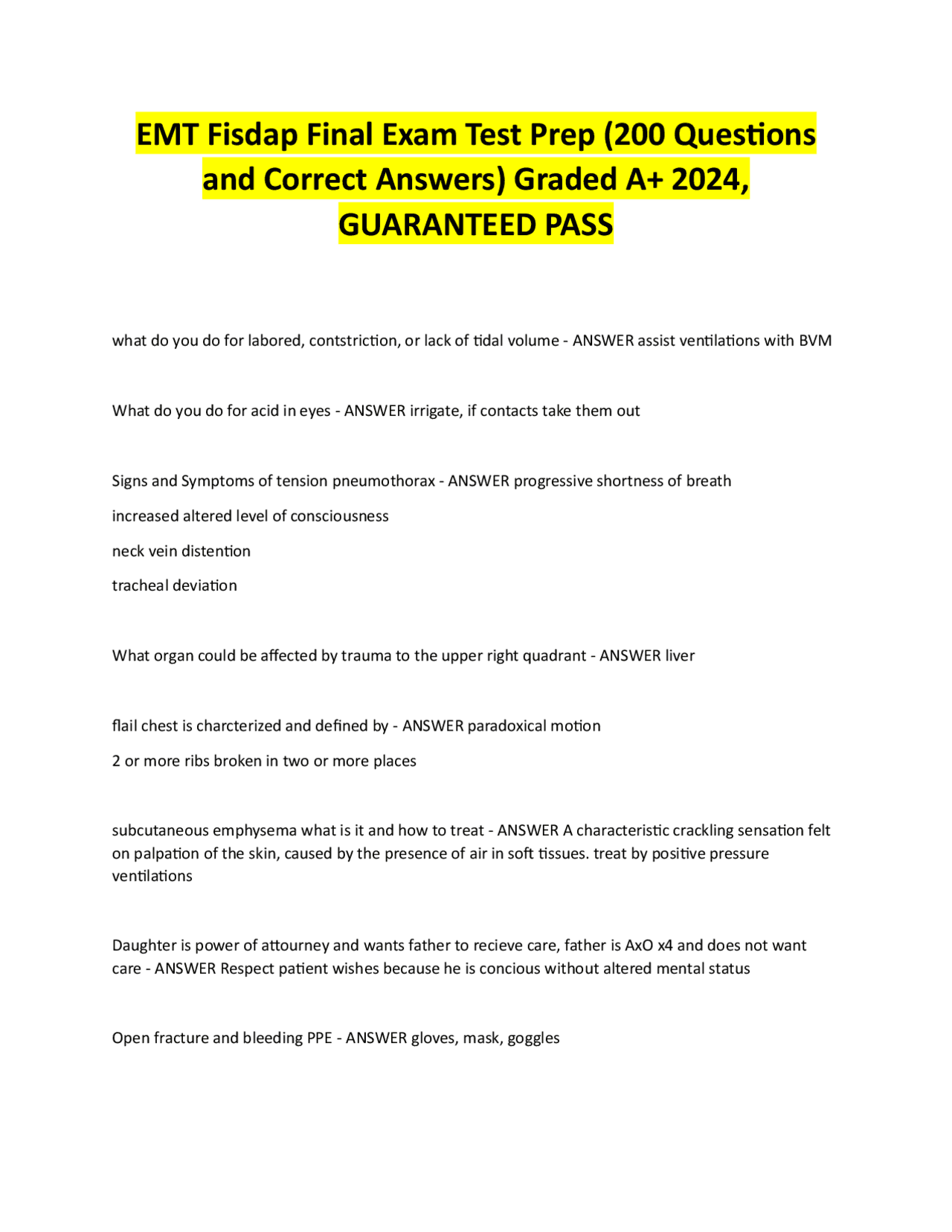 EMT Fisdap Final Exam Test Prep (200 Questions and Correct Answers ...