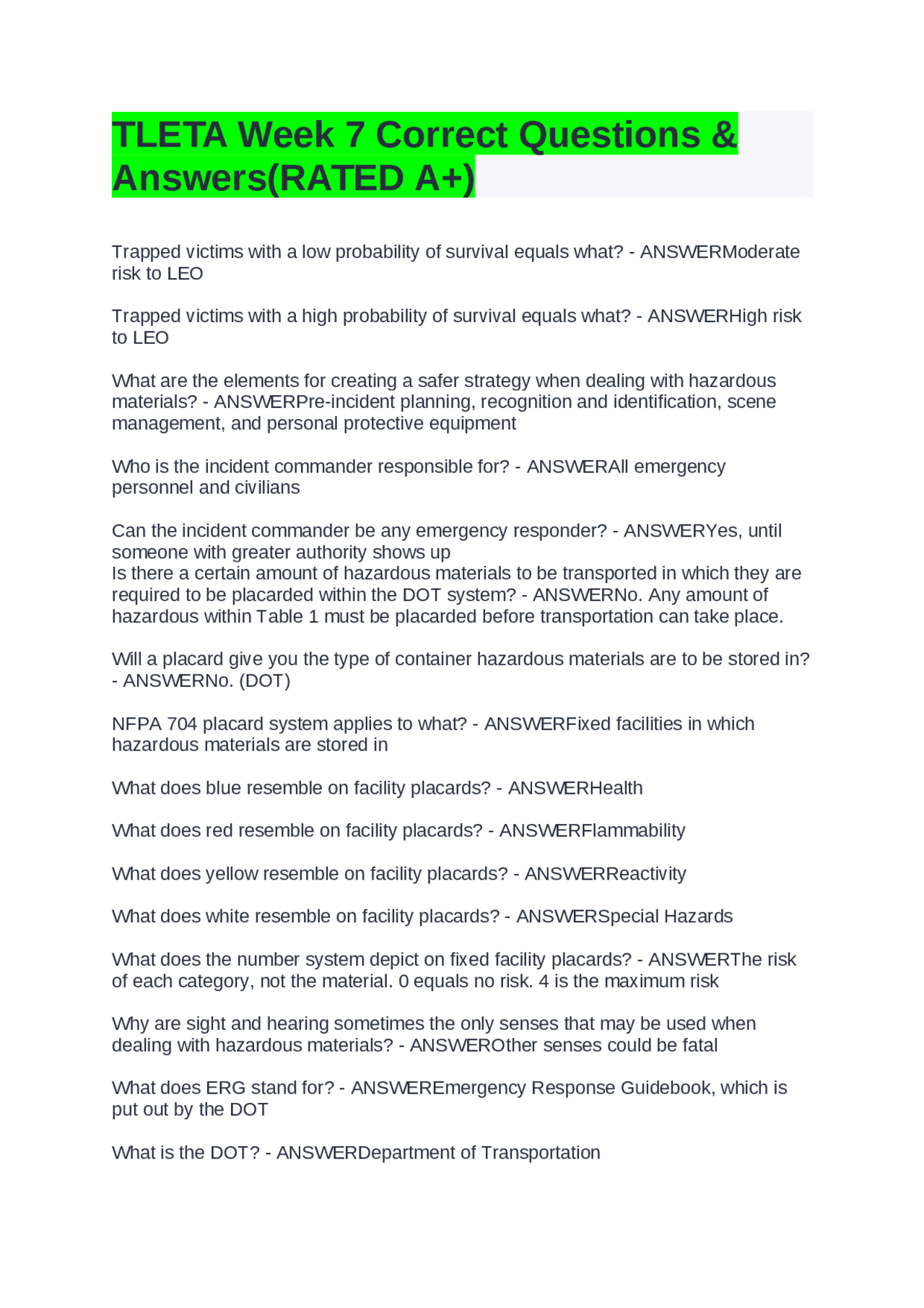 Tleta TLETA Week 7 Correct Questions & Answers(RATED A+) | Exams Advanced ...