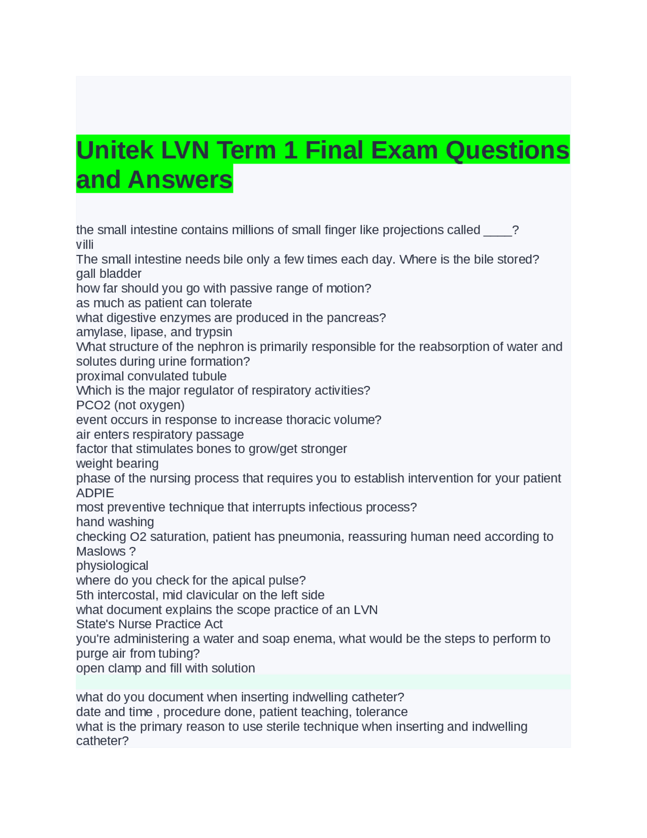 Unitek LVN Term 1 Final Exam Questions and Answers | Exams Nursing ...