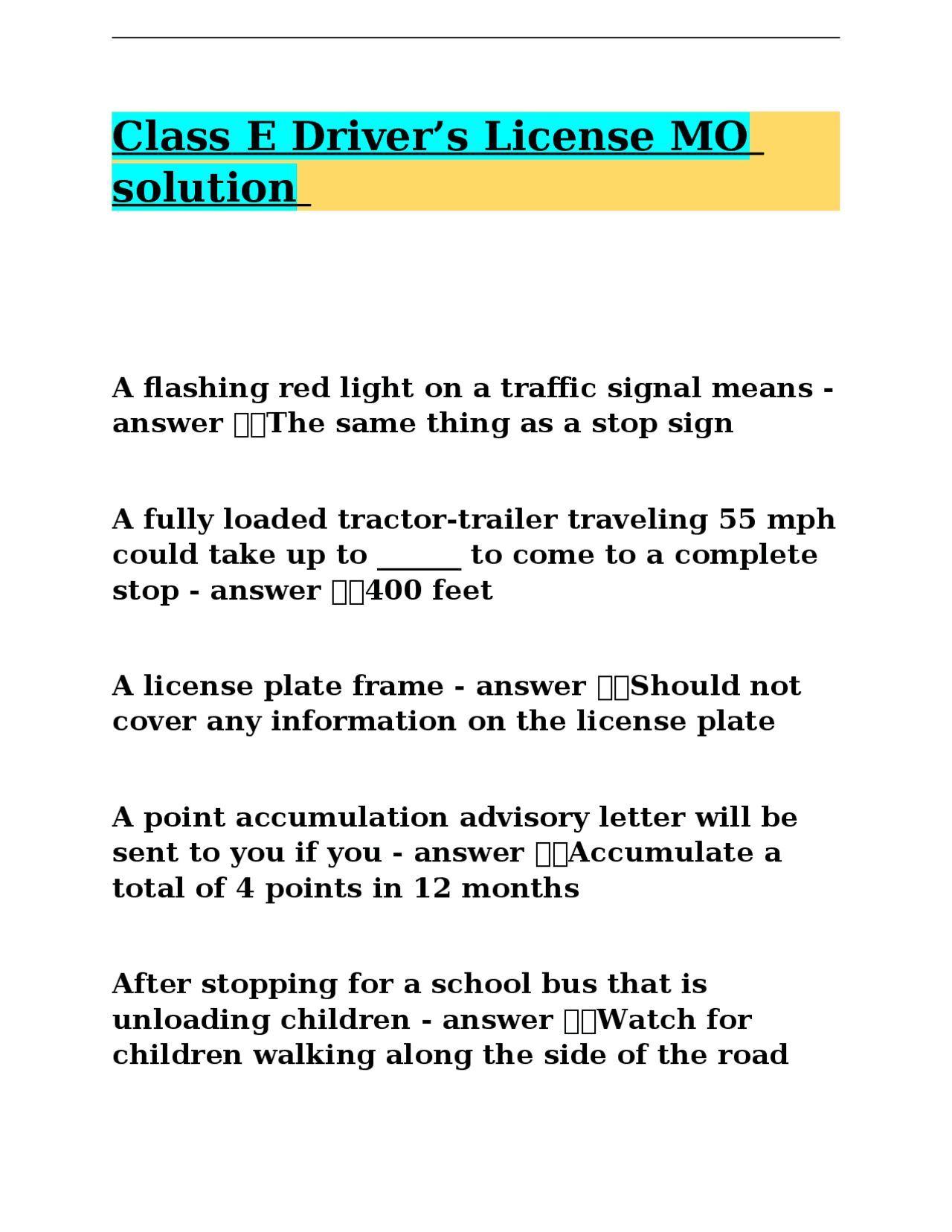Class E Driver’s License MO solution Exams Nursing Docsity