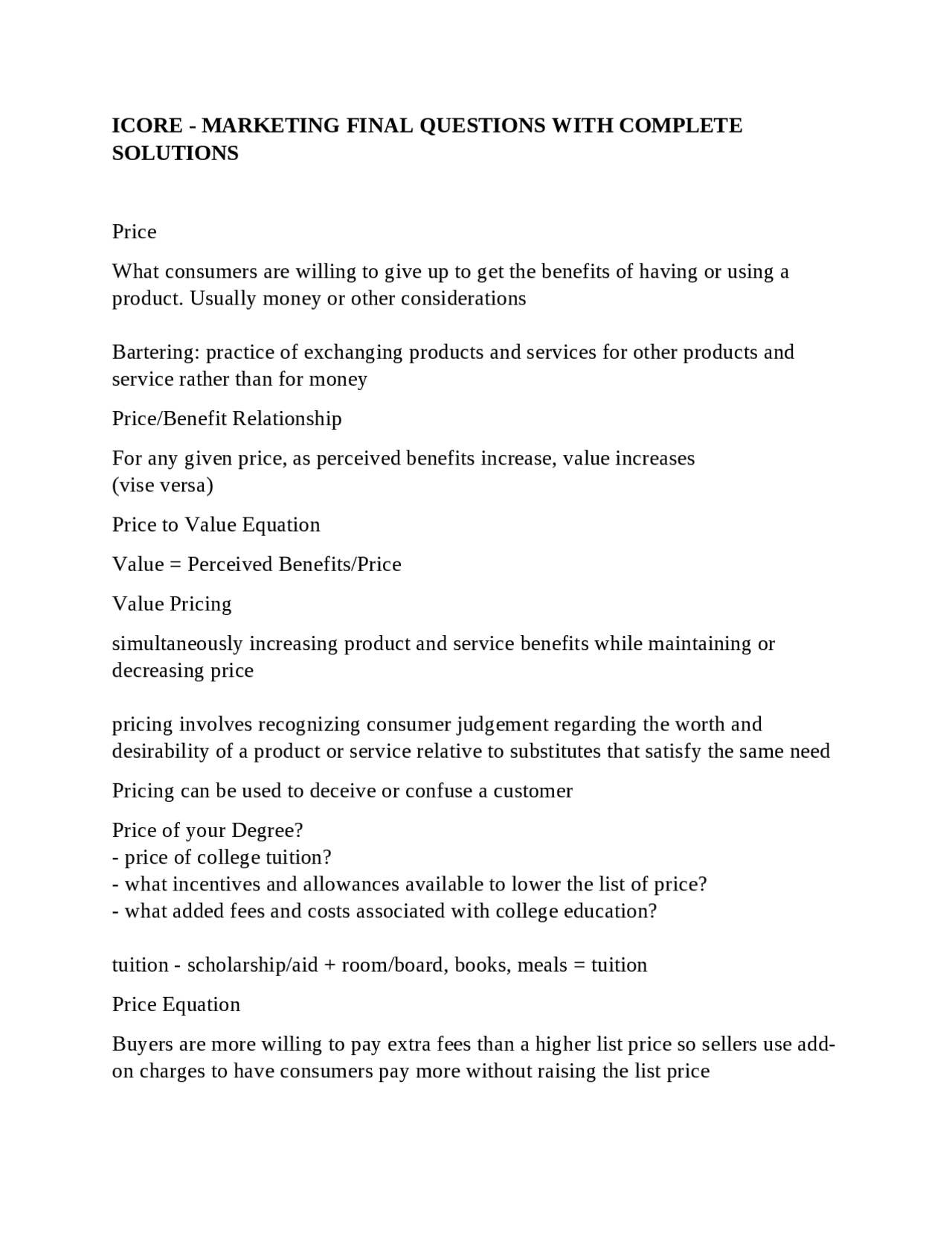ICORE - MARKETING FINAL QUESTIONS WITH COMPLETE SOLUTIONS | Exams ...