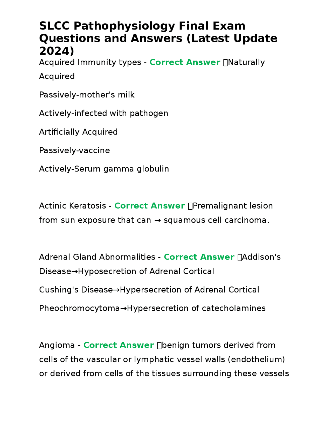 SLCC Pathophysiology Final Exam Questions and Answers (Latest Update ...