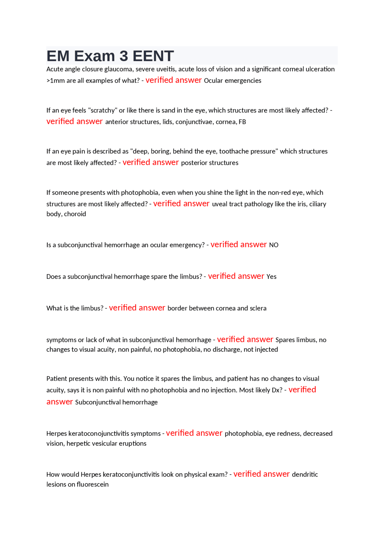 Ente Exam EM Exam 3 EENT questions and answers | Exams Biology | Docsity