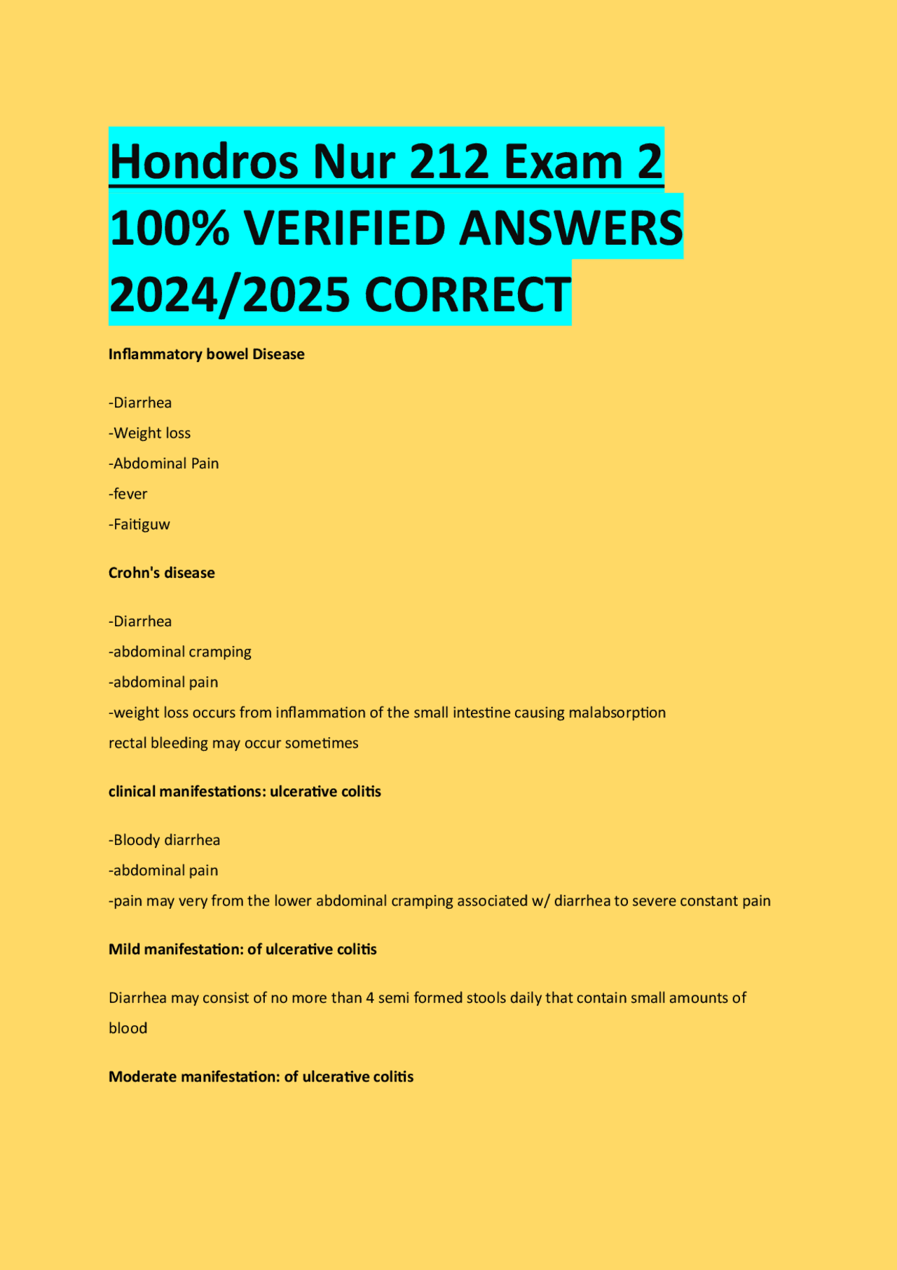 Hondros Nur 212 Exam 2 100% VERIFIED ANSWERS 2024/2025 CORRECT | Exams ...