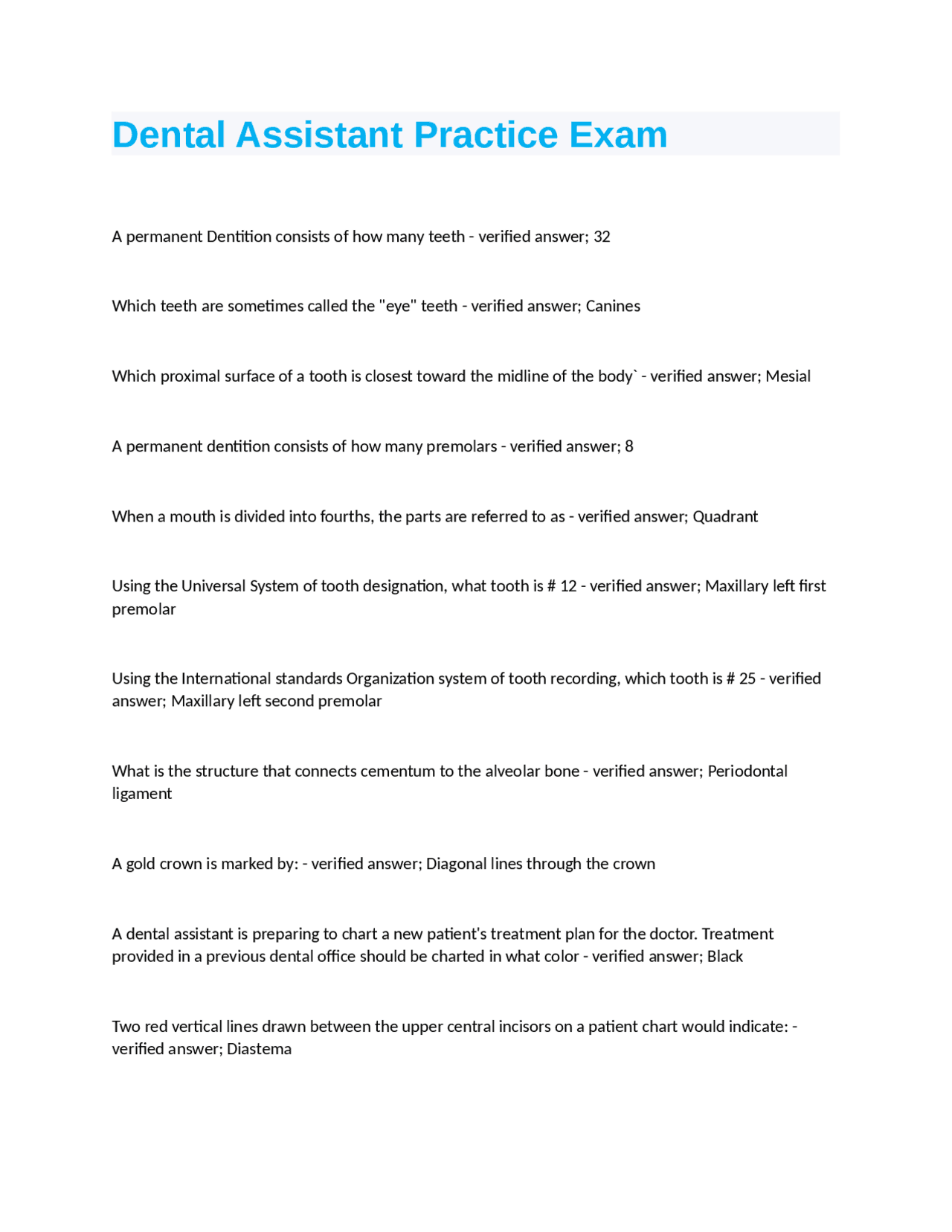 Dental Assistant Practice Exam with answers Exams Dental Anatomy Docsity