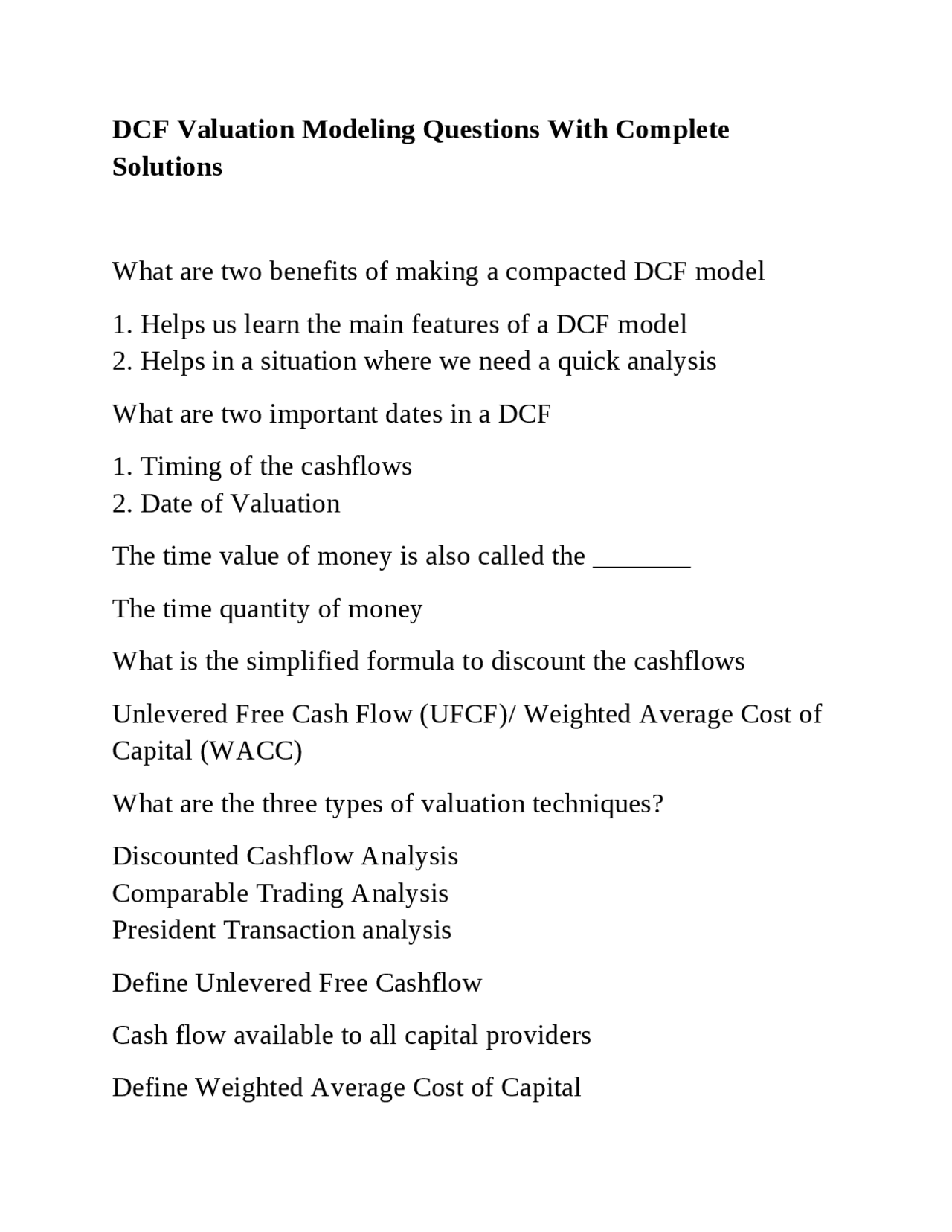 DCF Valuation Modeling Questions With Complete Solutions | Exams ...