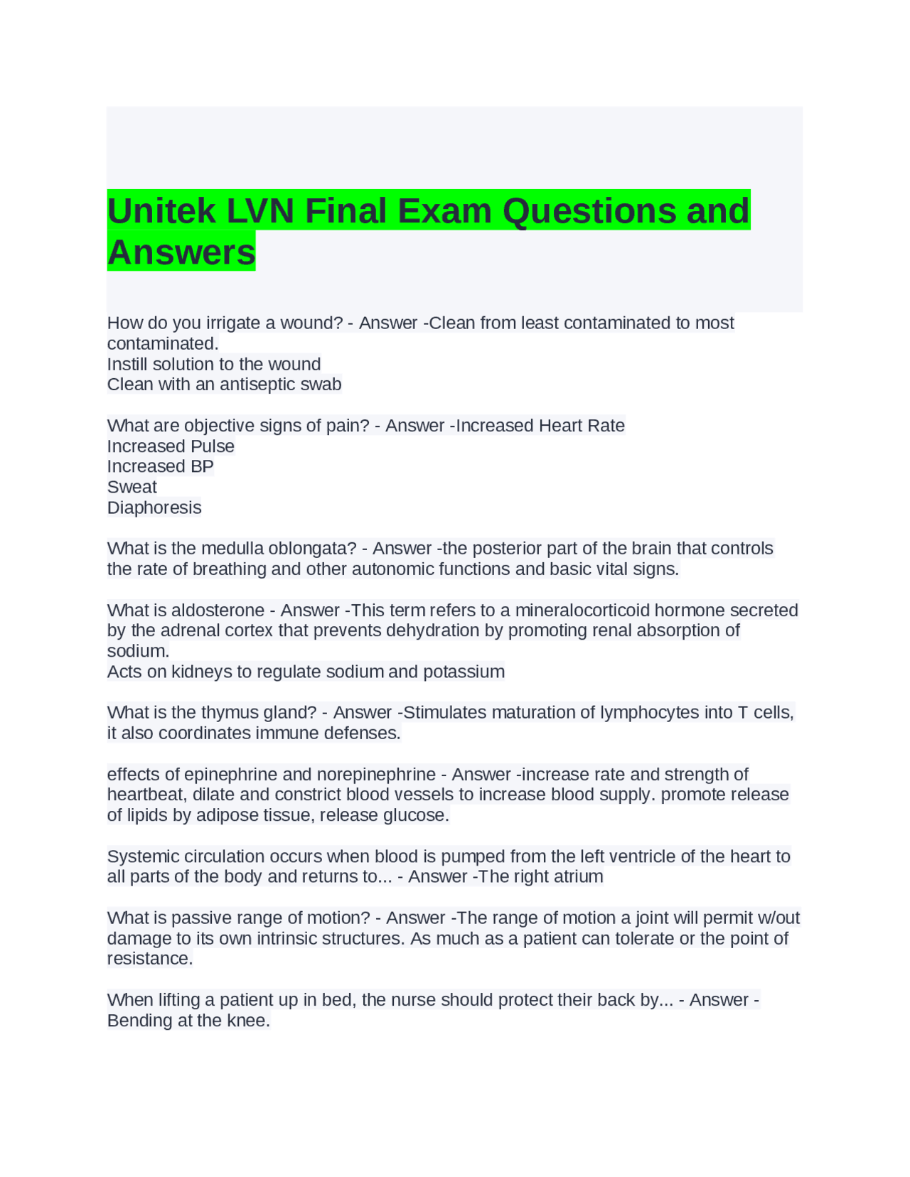 Unitek LVN Final Exam Questions and Answers | Exams Nursing | Docsity