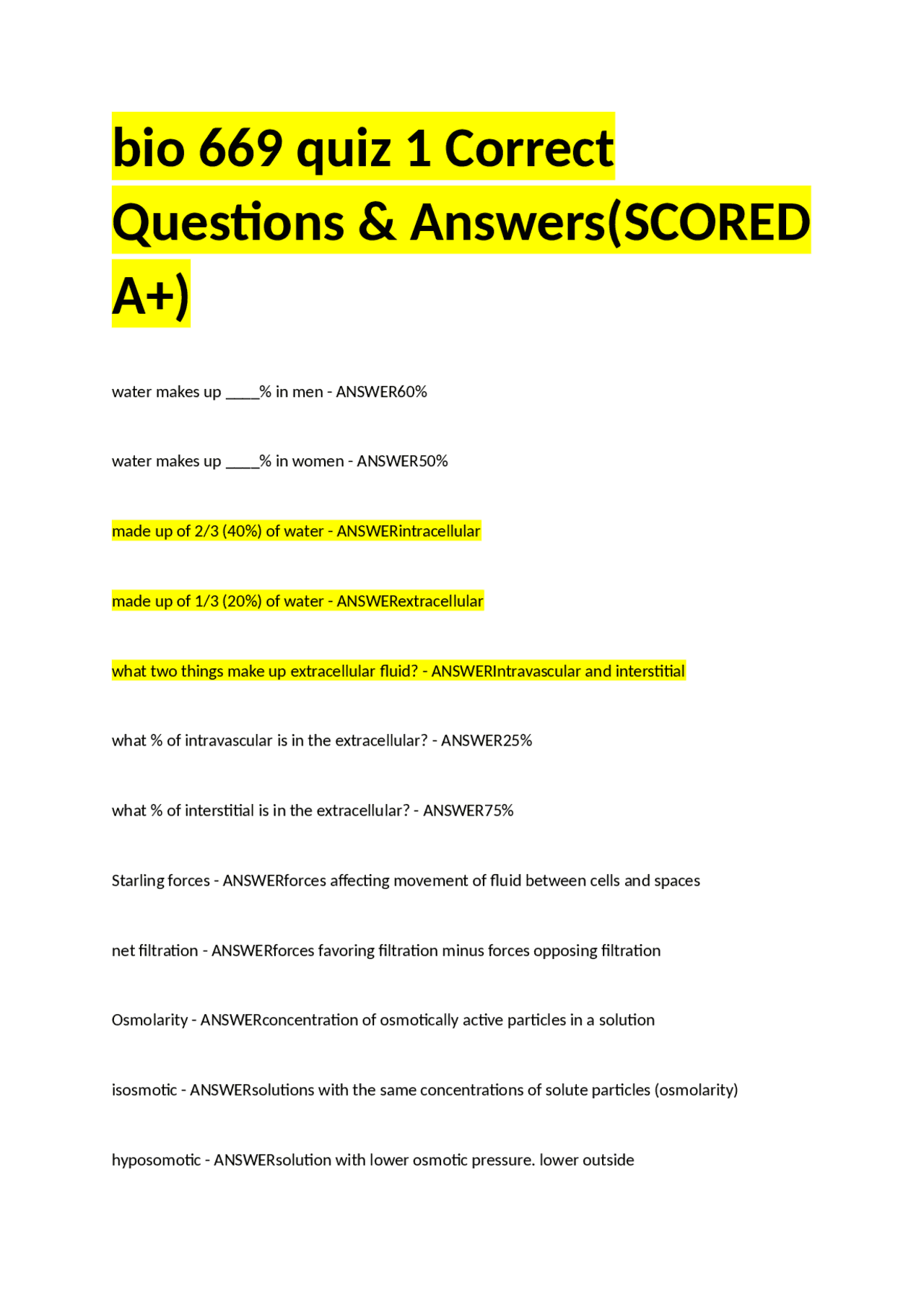 bio 669 quiz 1 Correct Questions & Answers(SCORED A+) Exams Biology Docsity