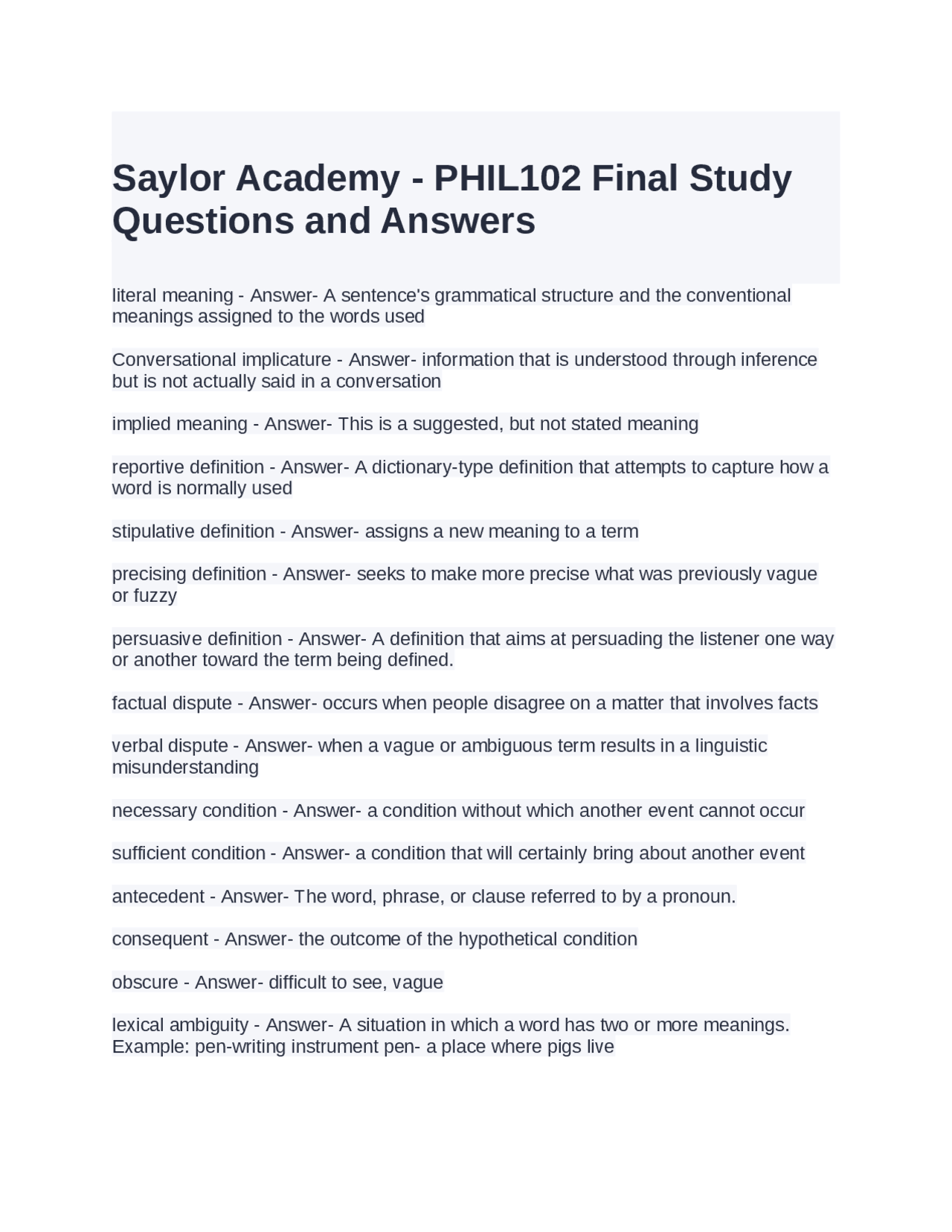 Saylor Academy - PHIL102 Final Study Questions and Answers | Exams ...