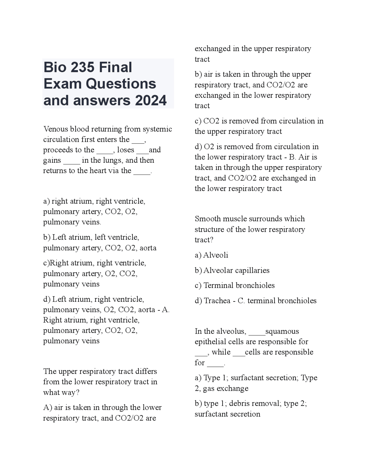 Bio 235 Final Exam Questions and answers 2024 | Quizzes Biology | Docsity