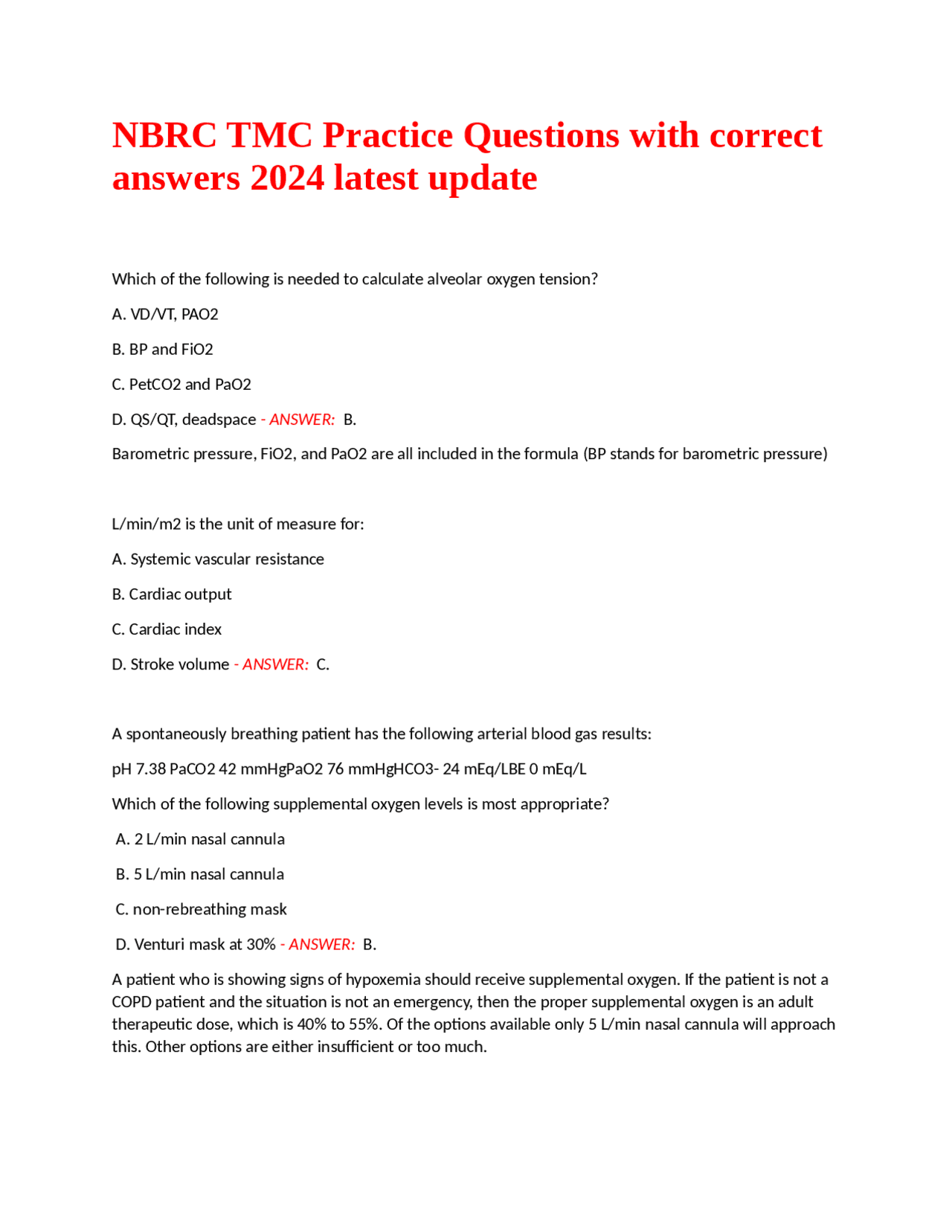 NBRC TMC Practice Questions with correct answers 2024 latest update ...