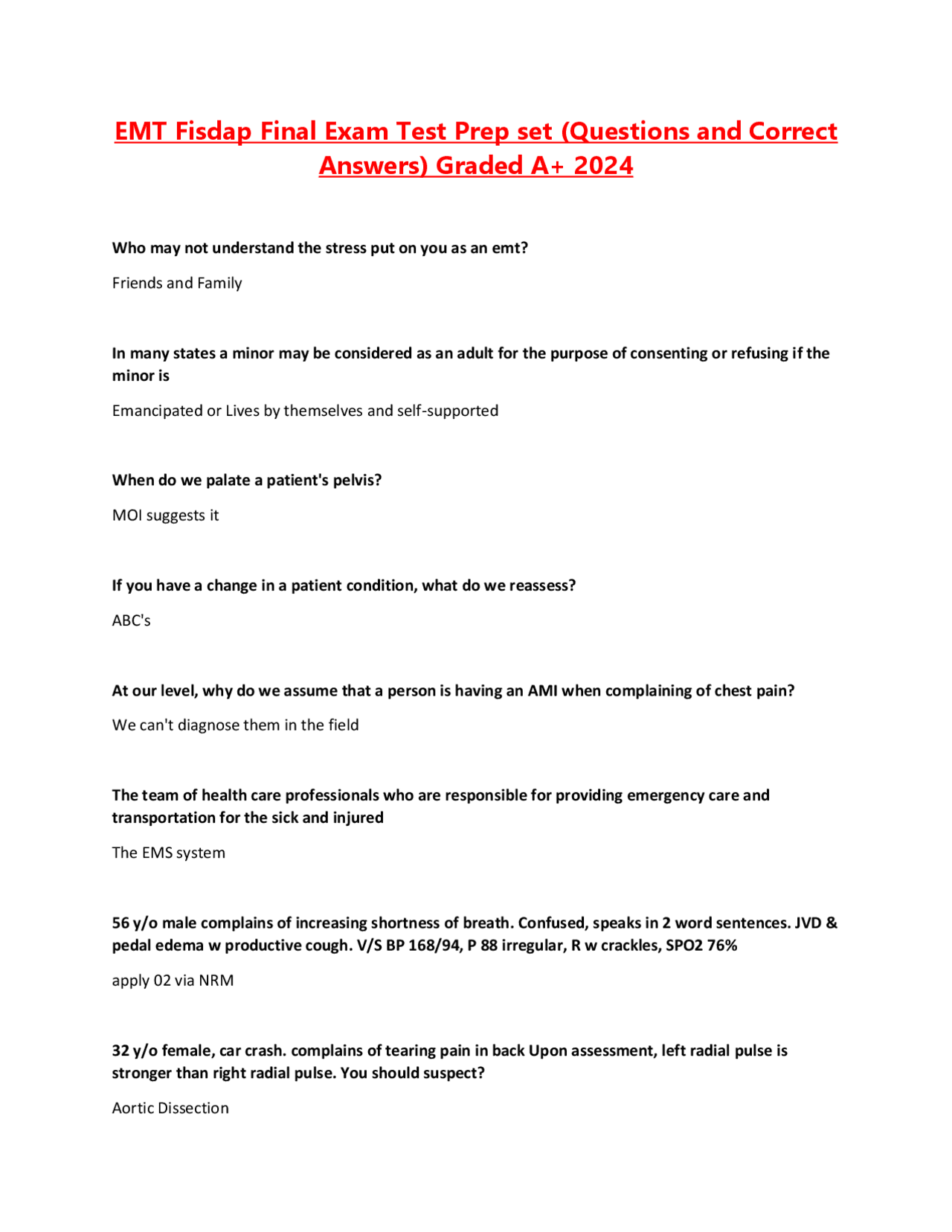 EMT Fisdap Final Exam Test Prep set (Questions and Correct Answers ...