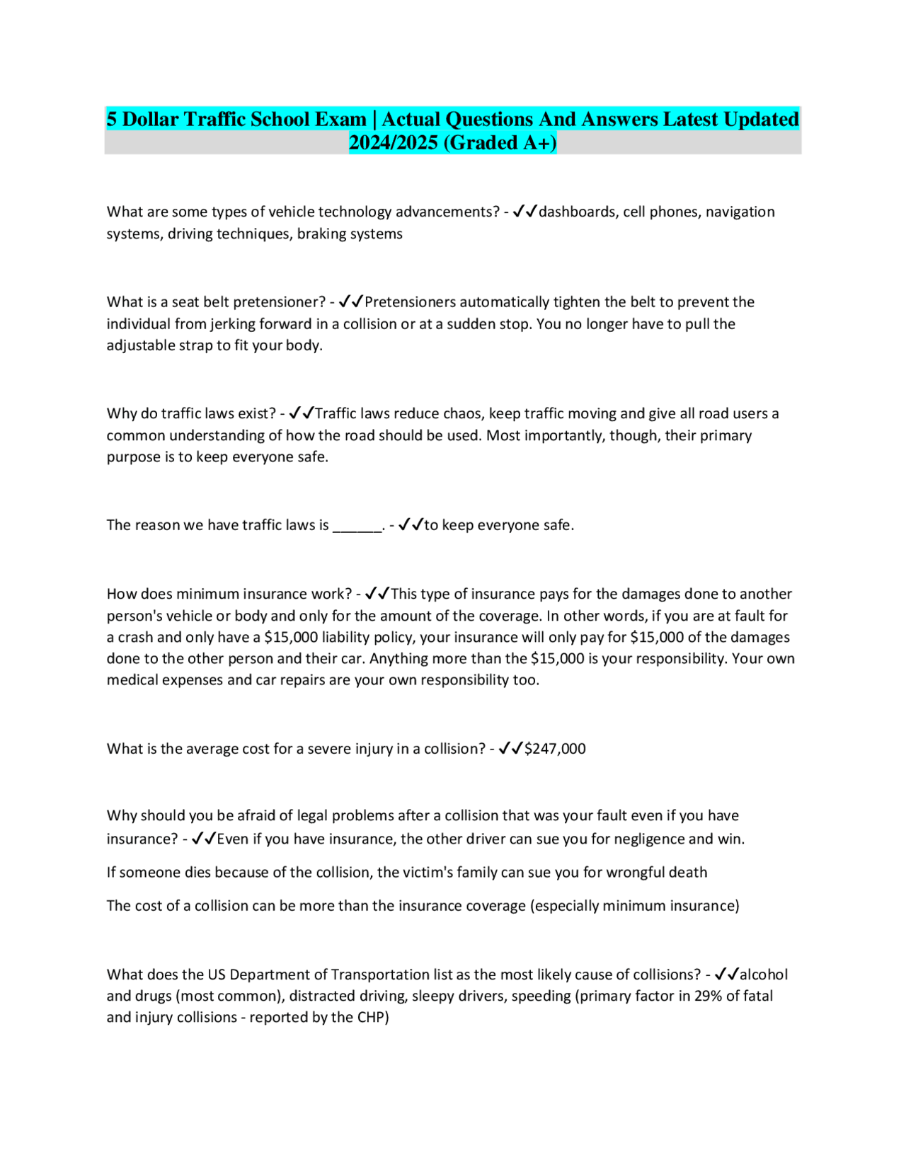 5 Dollar Traffic School Exam | Actual Questions And Answers Latest