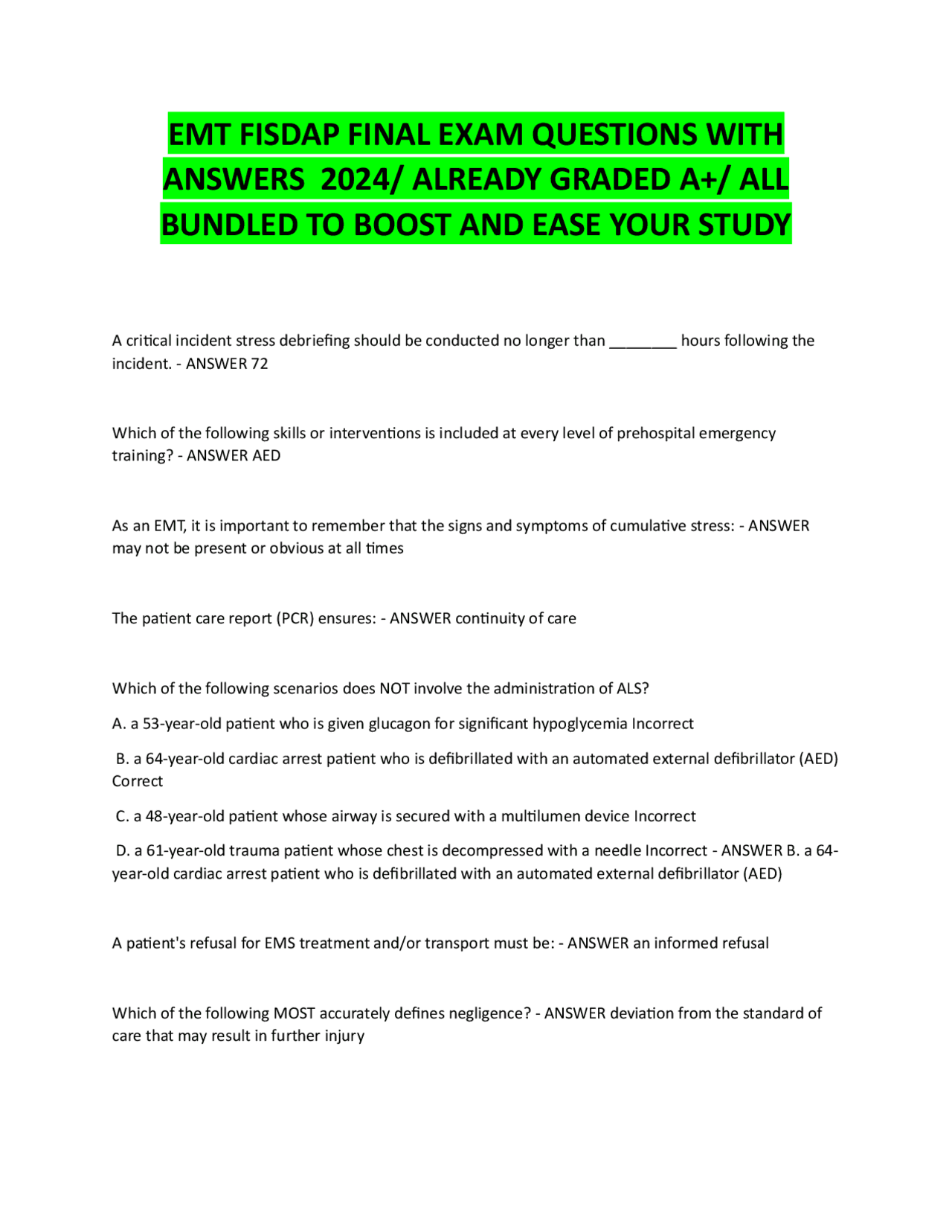 EMT FISDAP FINAL EXAM QUESTIONS WITH ANSWERS 2024/ ALREADY GRADED A+ ...