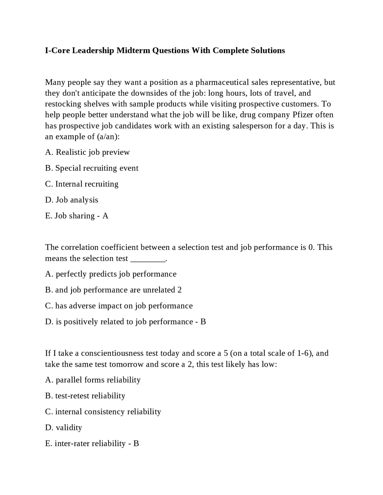 I-Core Leadership Midterm Questions With Complete Solutions | Exams ...