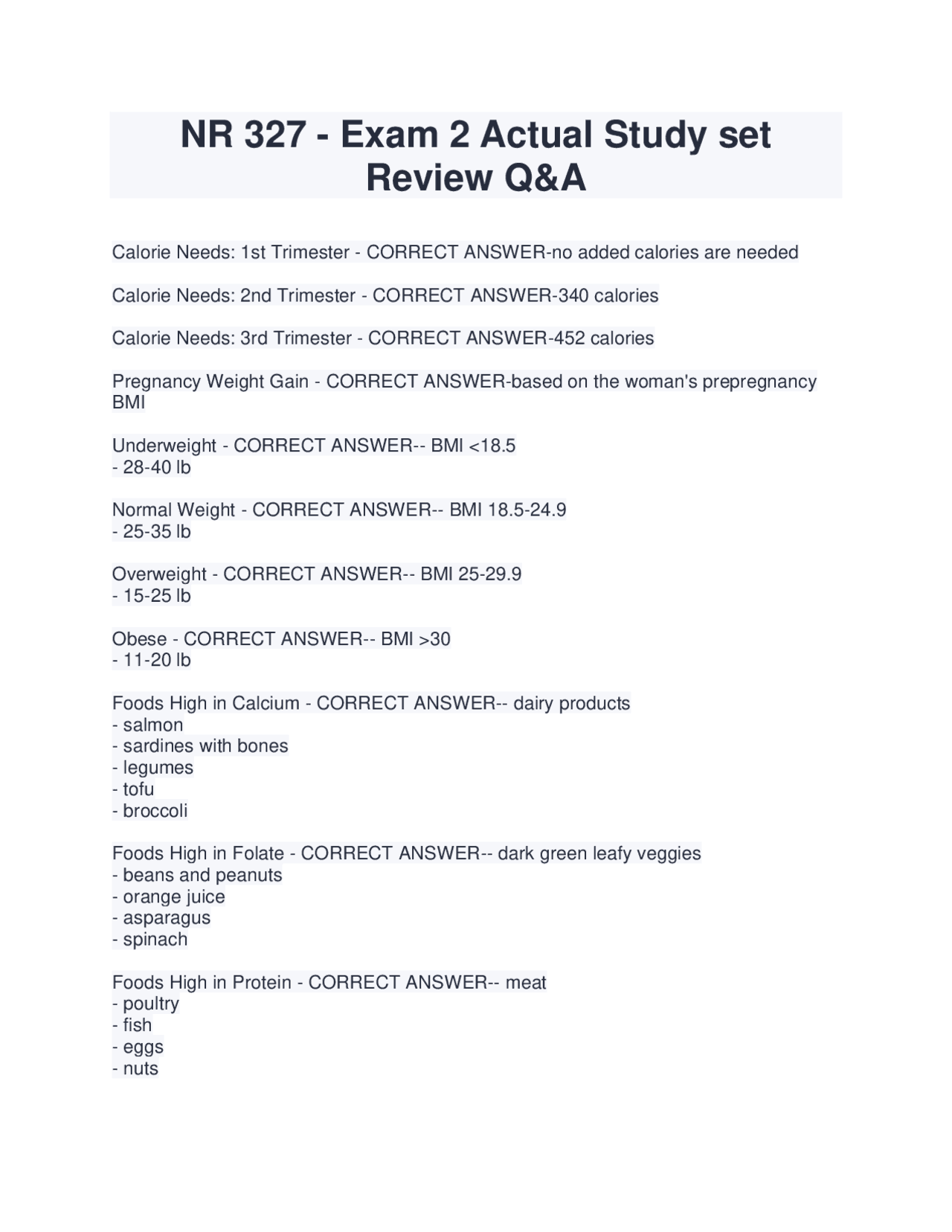 NR 327 - Exam 2 Actual Study set Review Q&A | Exams Nursing | Docsity