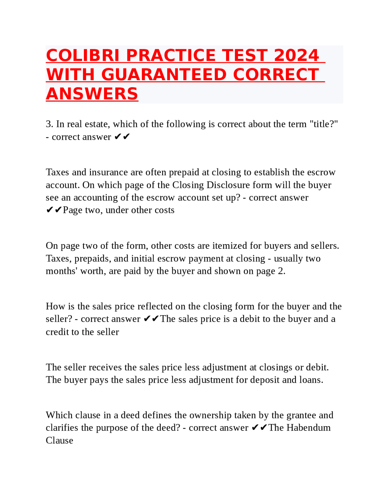 COLIBRI PRACTICE TEST 2024 WITH GUARANTEED CORRECT ANSWERS | Exams ...