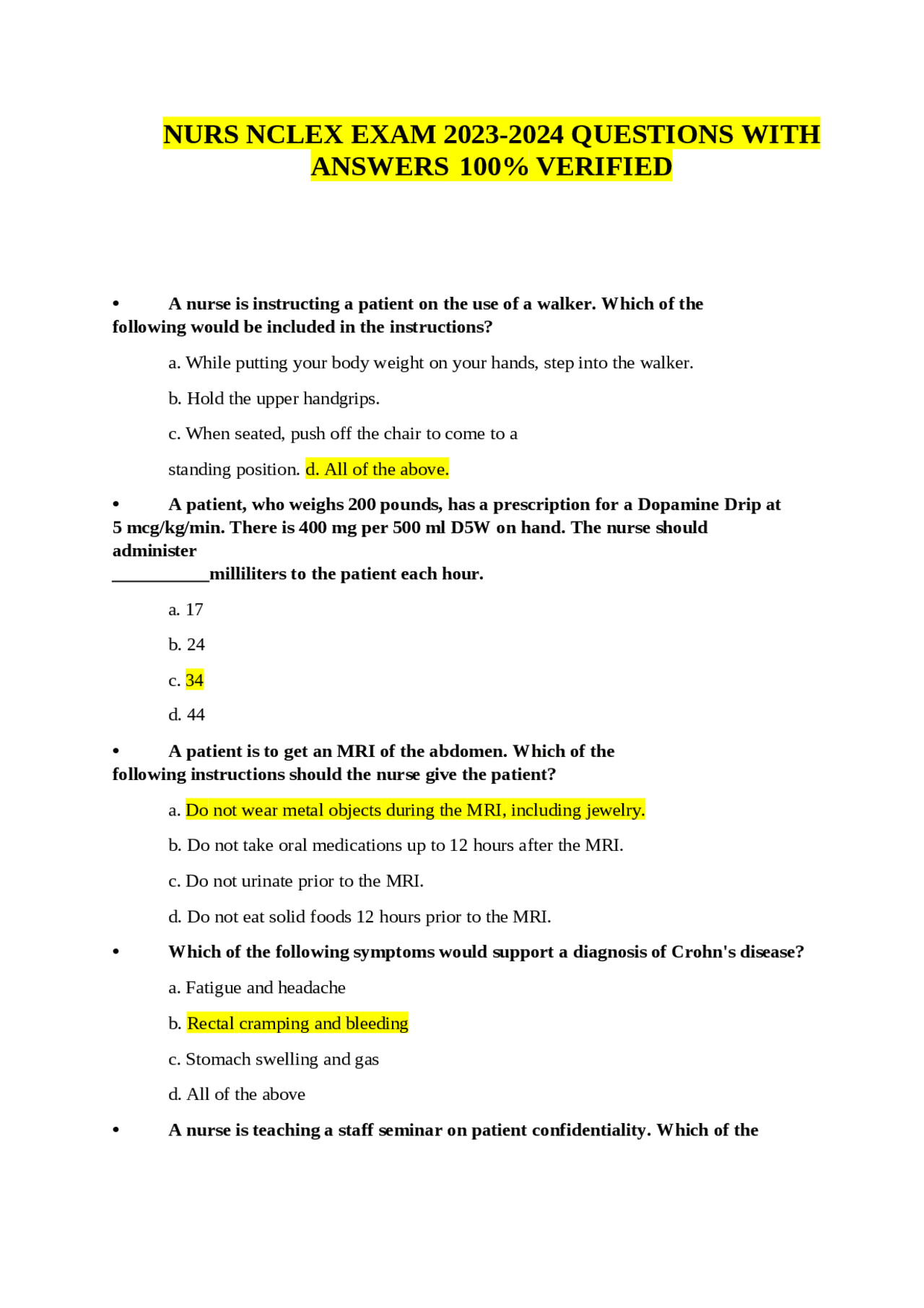 NURS NCLEX EXAM 2023-2024 QUESTIONS WITH ANSWERS 100% VERIFIED | Exams ...