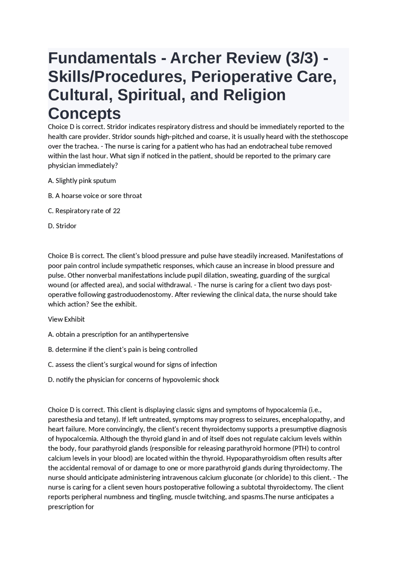 Fundamentals Archer Review (3/3) Skills/Procedures, Perioperative