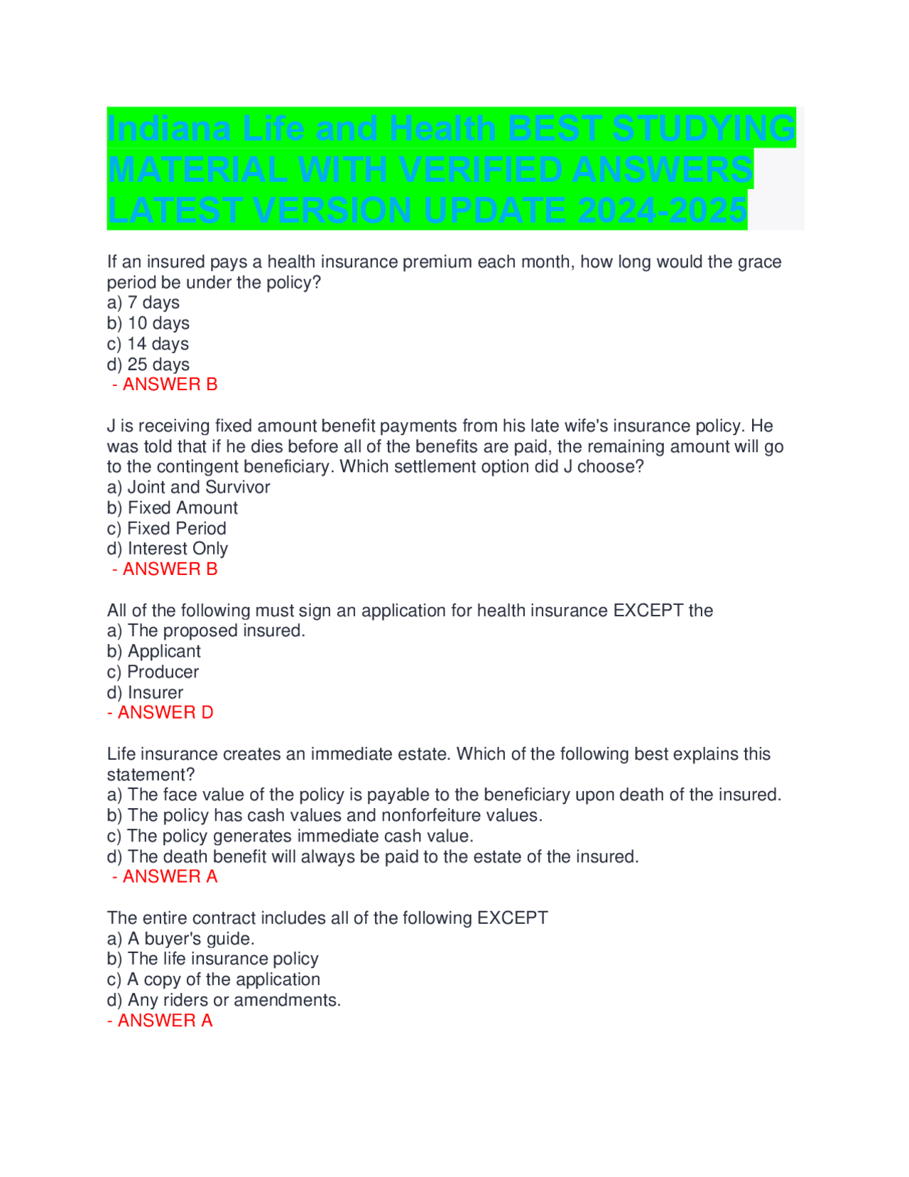 Indiana Life and Health BEST STUDYING MATERIAL WITH VERIFIED ANSWERS