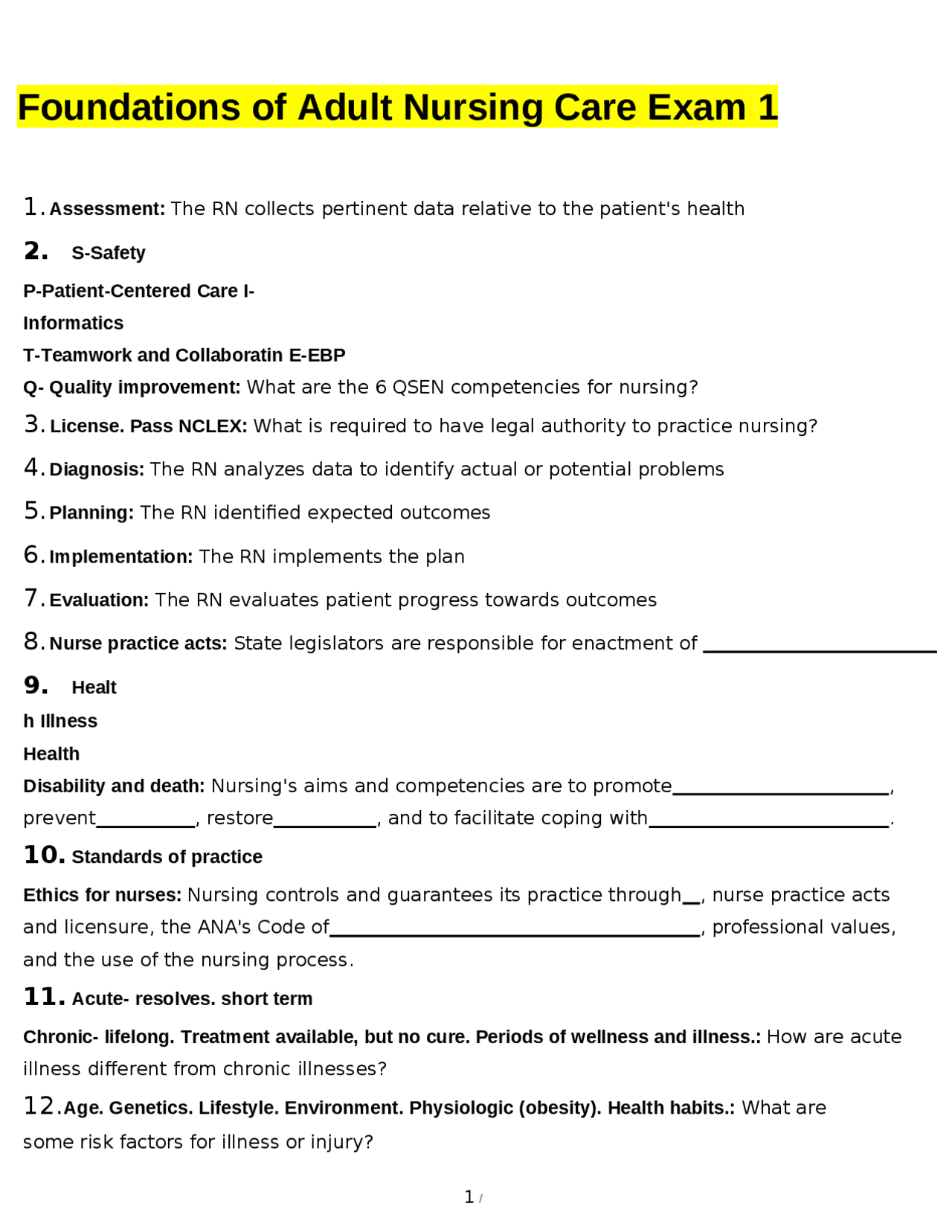 Foundations of Adult Nursing Care Exam 1 | Exams Nursing | Docsity
