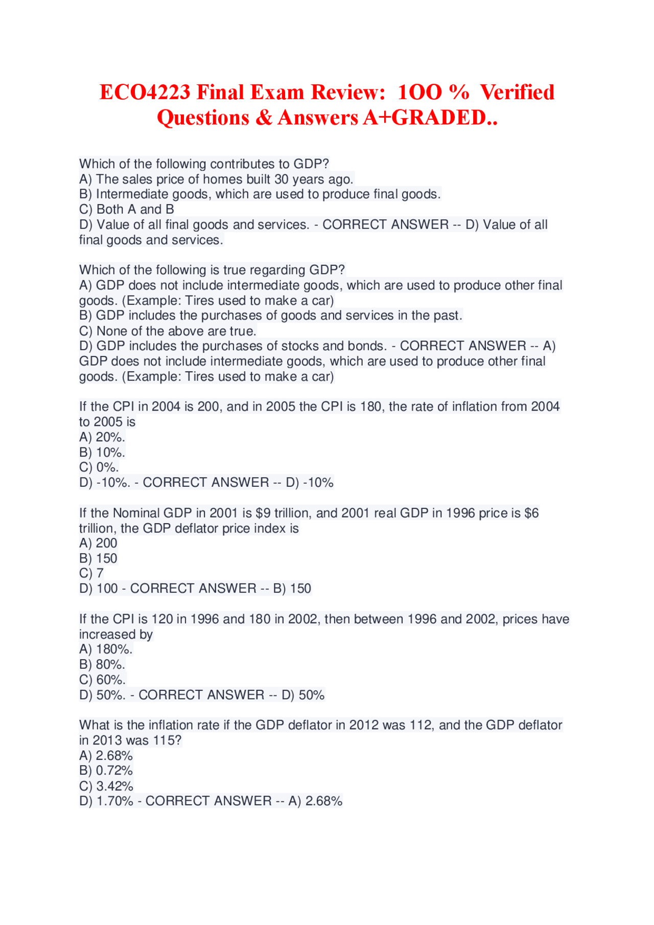 ECO4223 Final Exam Review 1OO Verified Questions & Answers A+GRADED