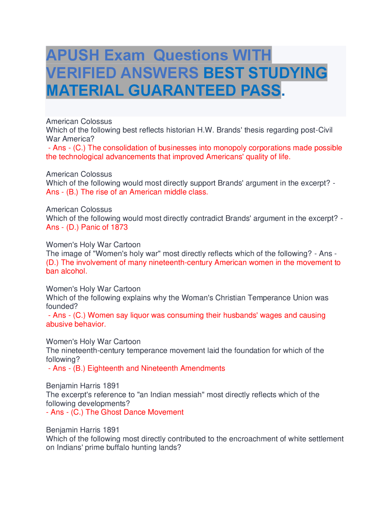 APUSH Exam Questions WITH VERIFIED ANSWERS BEST STUDYING MATERIAL ...