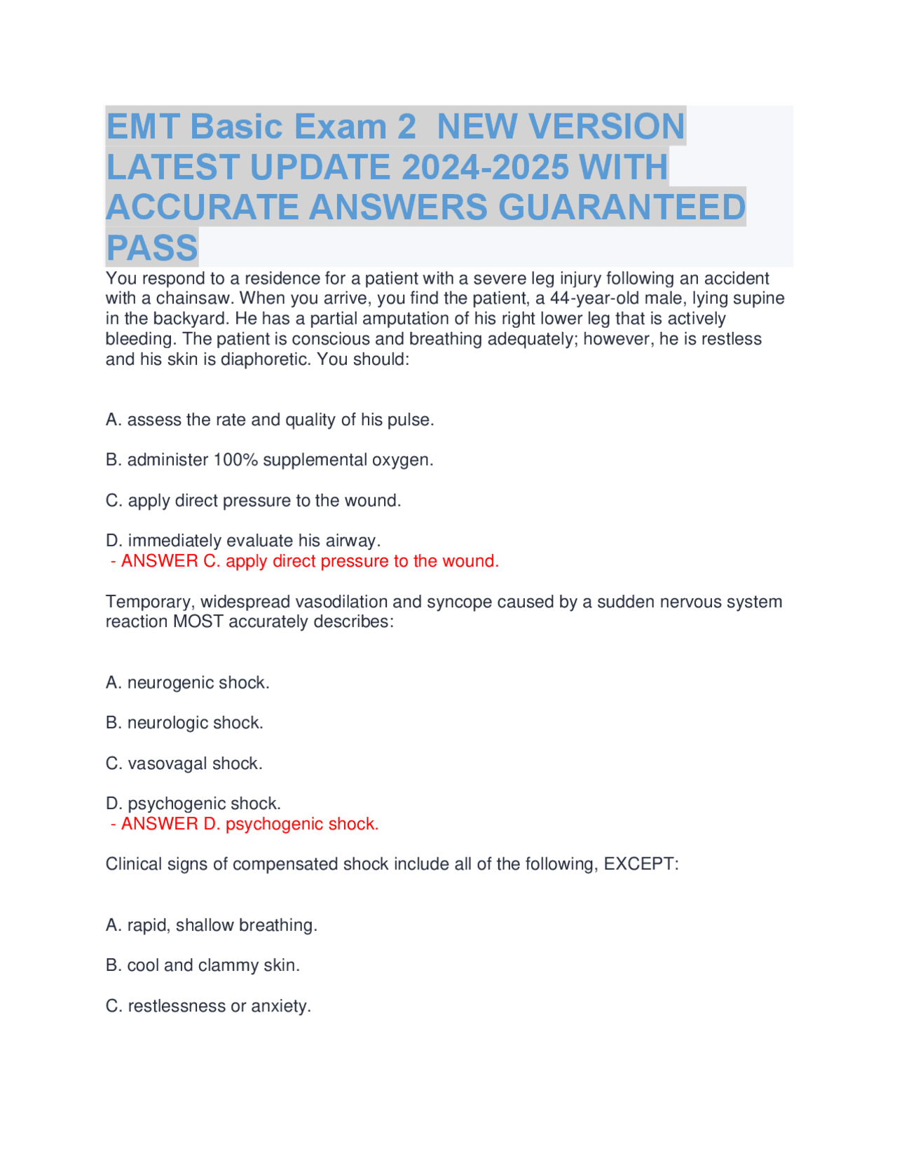 EMT Basic Exam 2 NEW VERSION LATEST UPDATE 2024-2025 WITH ACCURATE ...