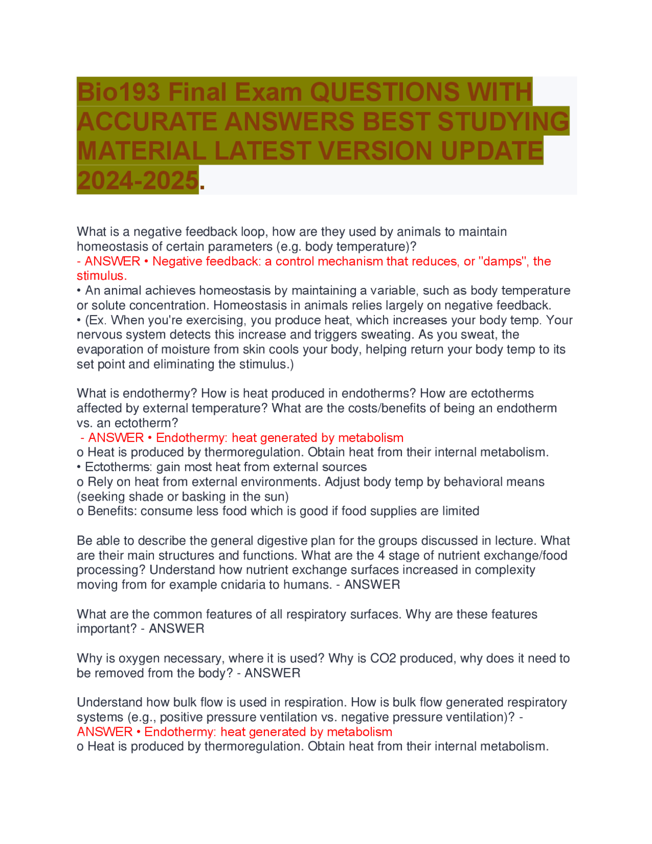 Bio193 Final Exam QUESTIONS WITH ACCURATE ANSWERS BEST STUDYING ...
