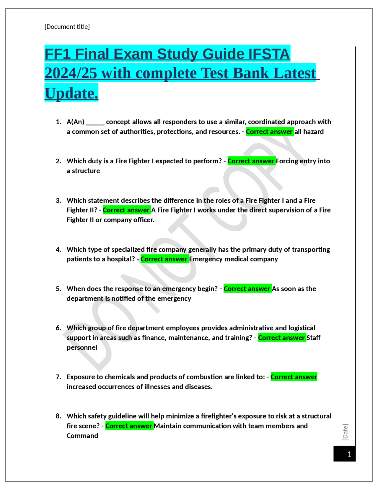FF1 Final Exam Study Guide IFSTA 2024/25 with complete Test Bank Latest ...