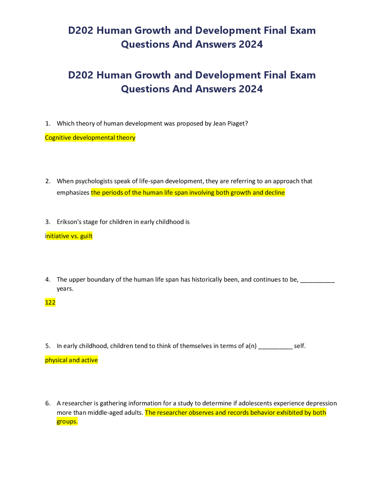 D202 Human Growth and Development Final Exam Questions And Answers 2024 ...