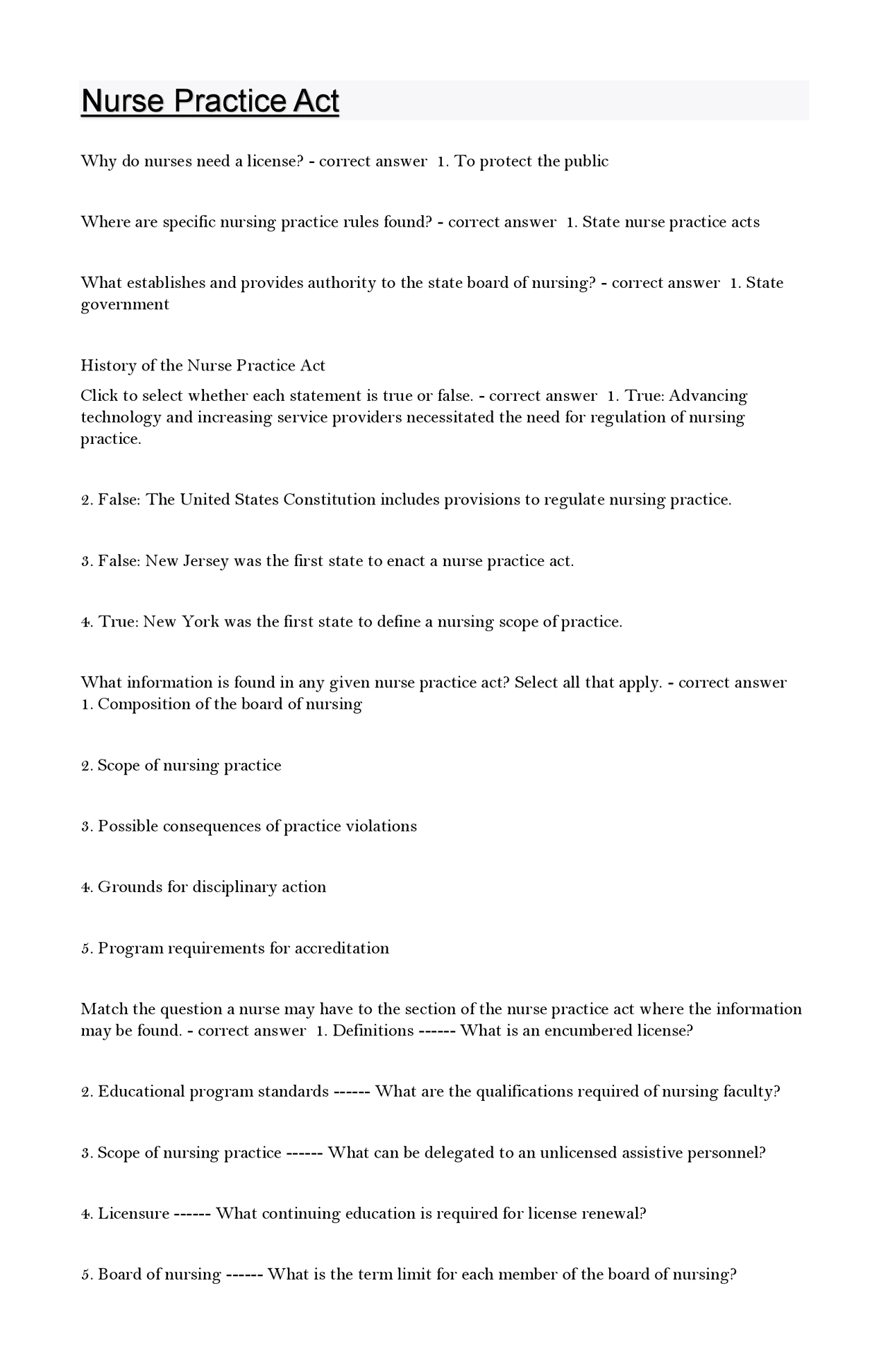 Nurse Practice Act 2024/2025 Detailed Questions And Expert Answers | Exams Nursing | Docsity