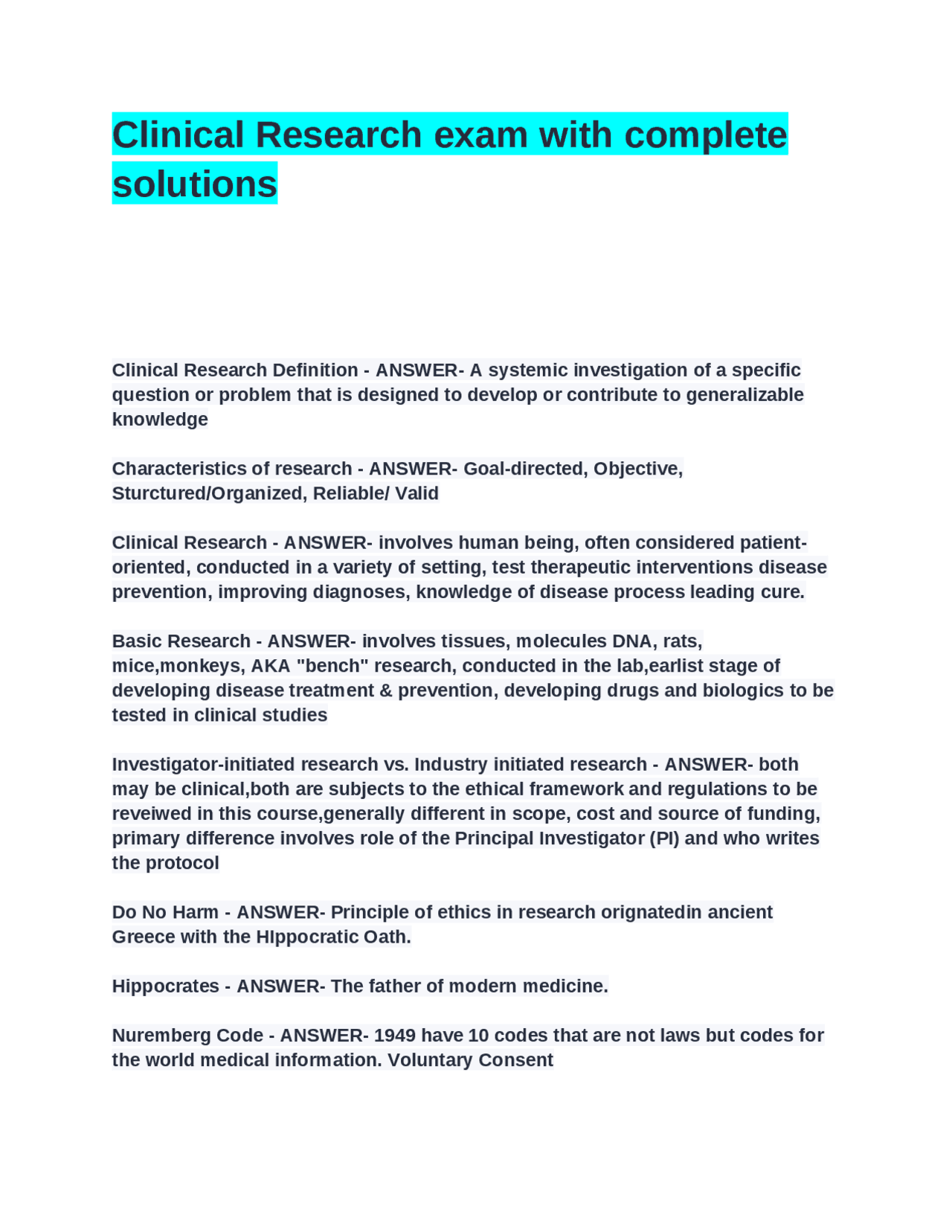 Clinical Research exam with complete solutions | Exams Clinical ...